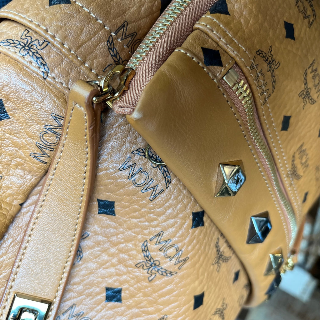 MCM Medium Dual Stark Cognac Visetos Monogram Studded Backpack