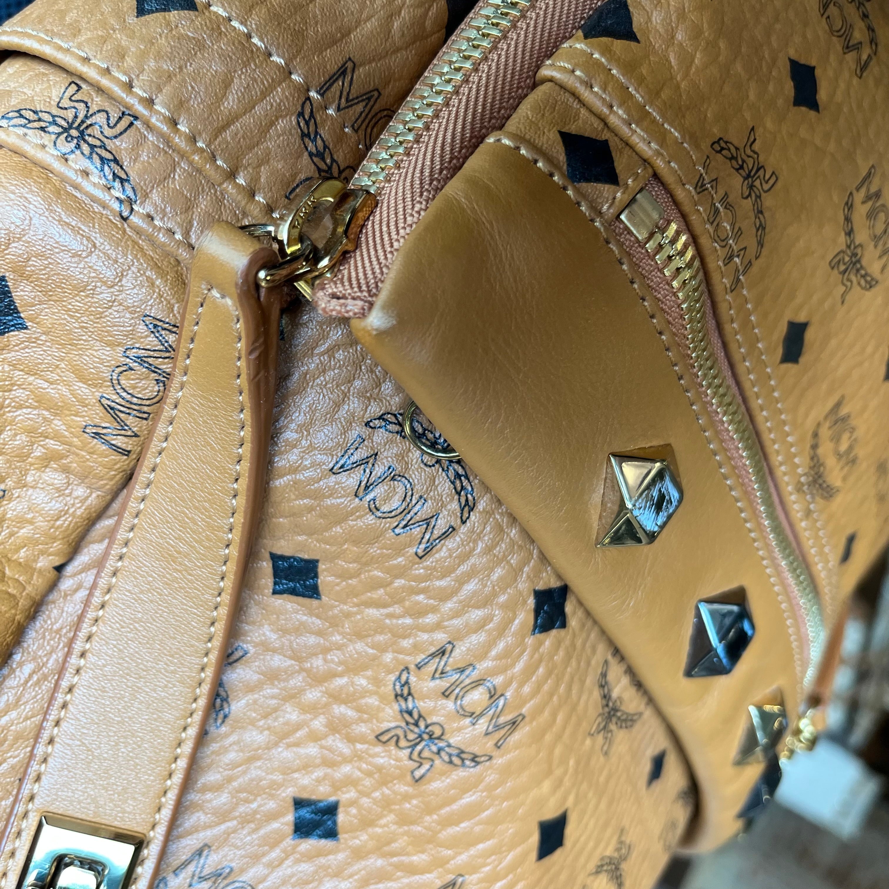 MCM Medium Dual Stark Cognac Visetos Monogram Studded Backpack