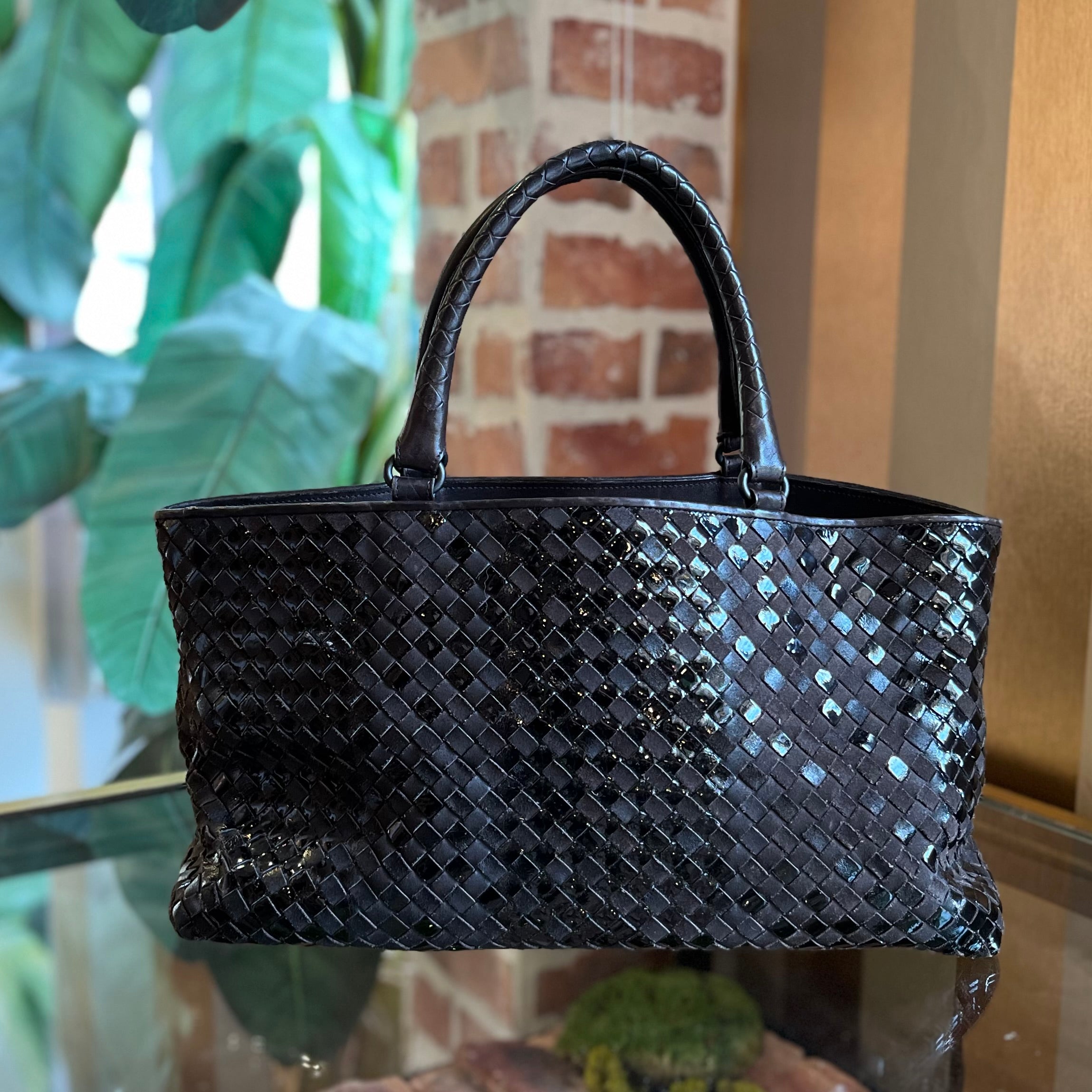 BOTTEGA VENETA Brown Mixed Leather Intrecciato Tote Bag