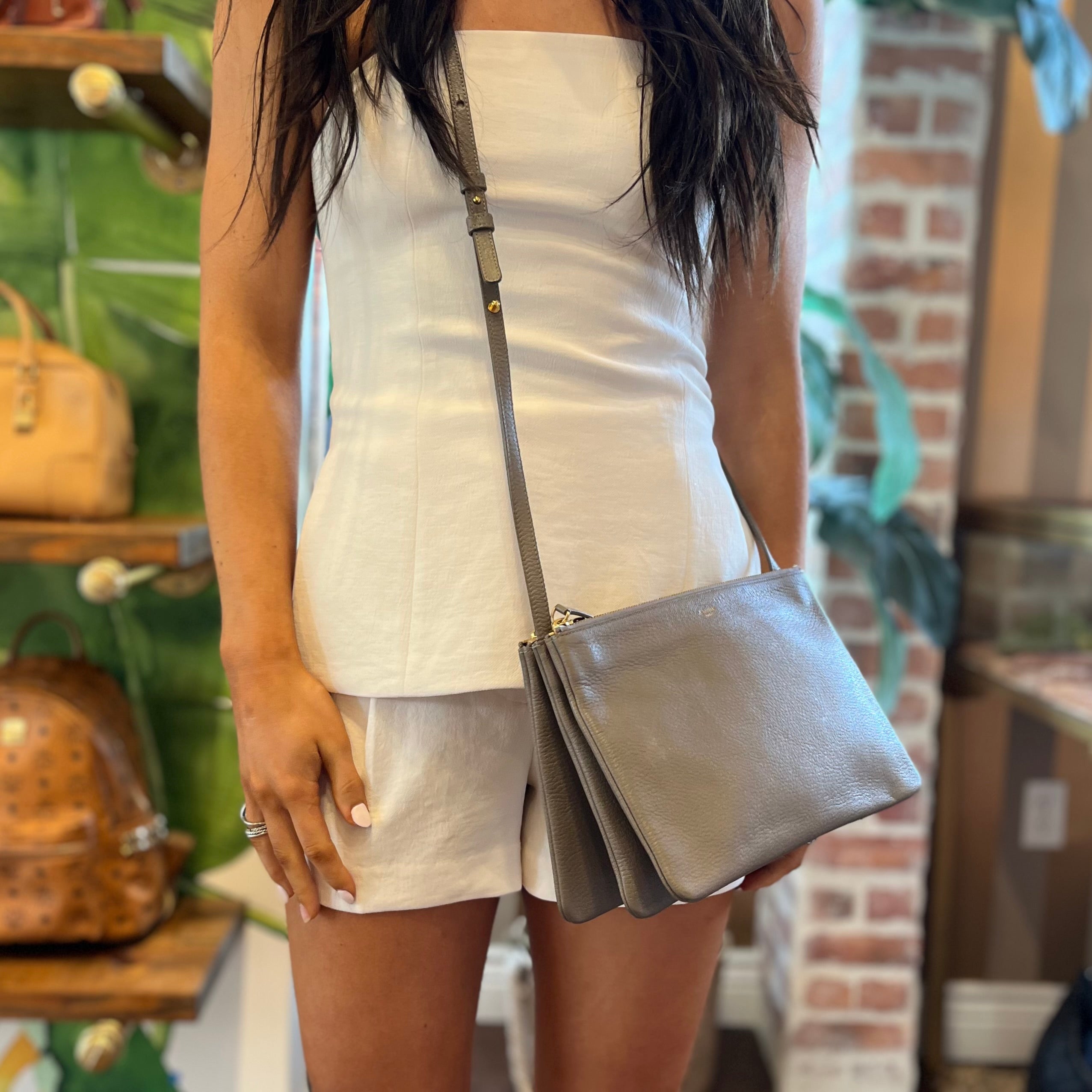 CELINE Trio Small Gray Pebbled Leather Crossbody Bag