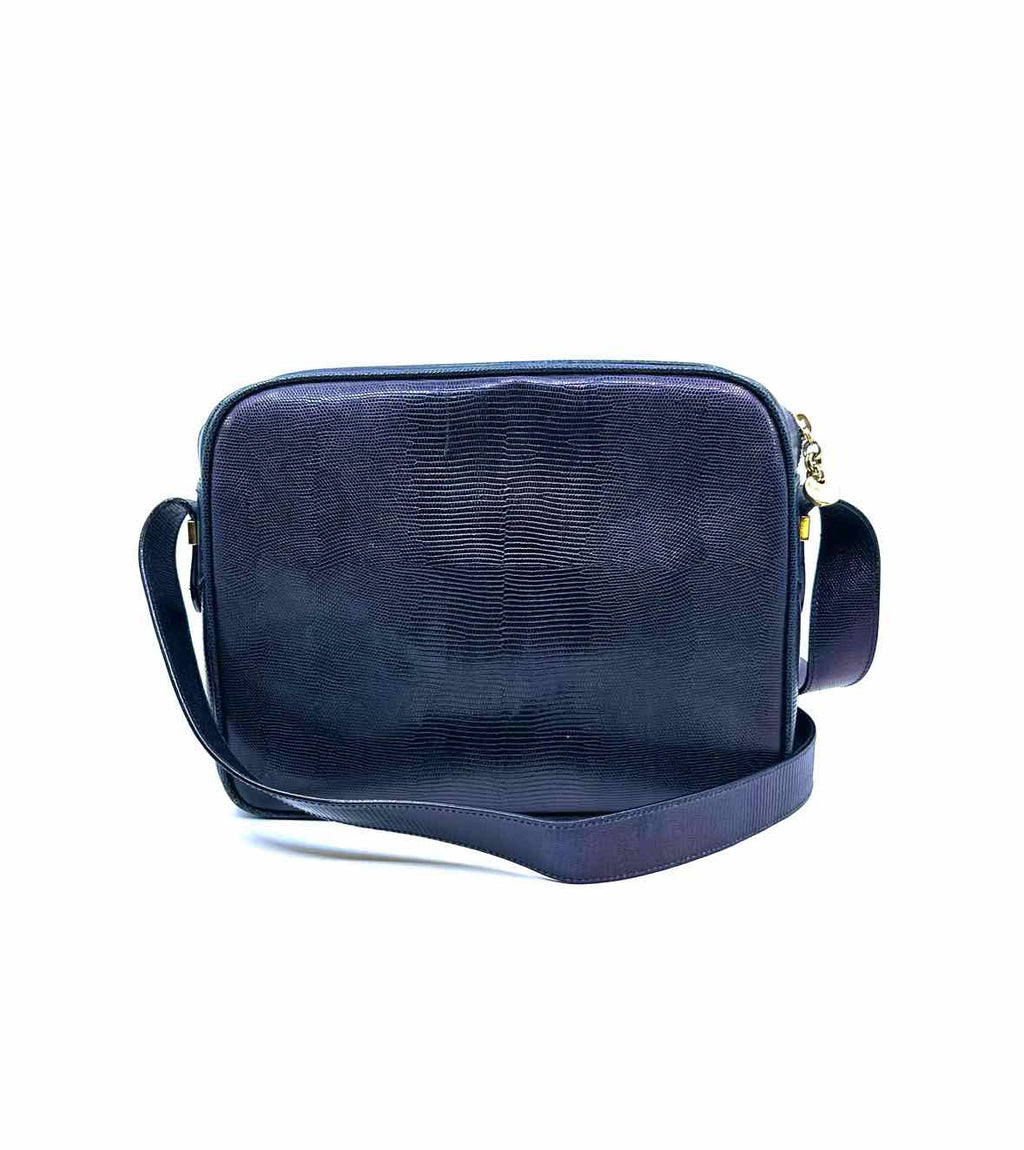 SALVATORE FERRAGAMO Navy Lizard Solid Handbag