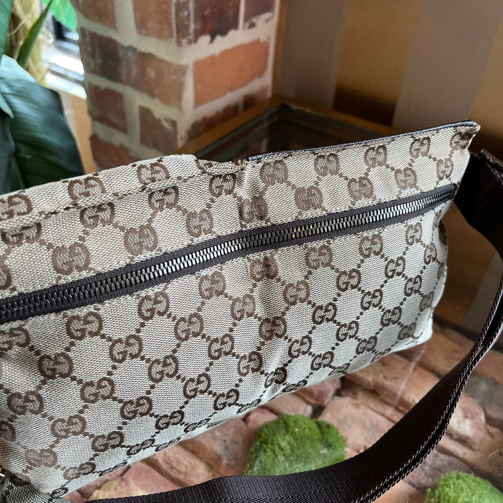 GUCCI Beige GG Monogram Canvas Double Pocket Belt Bag