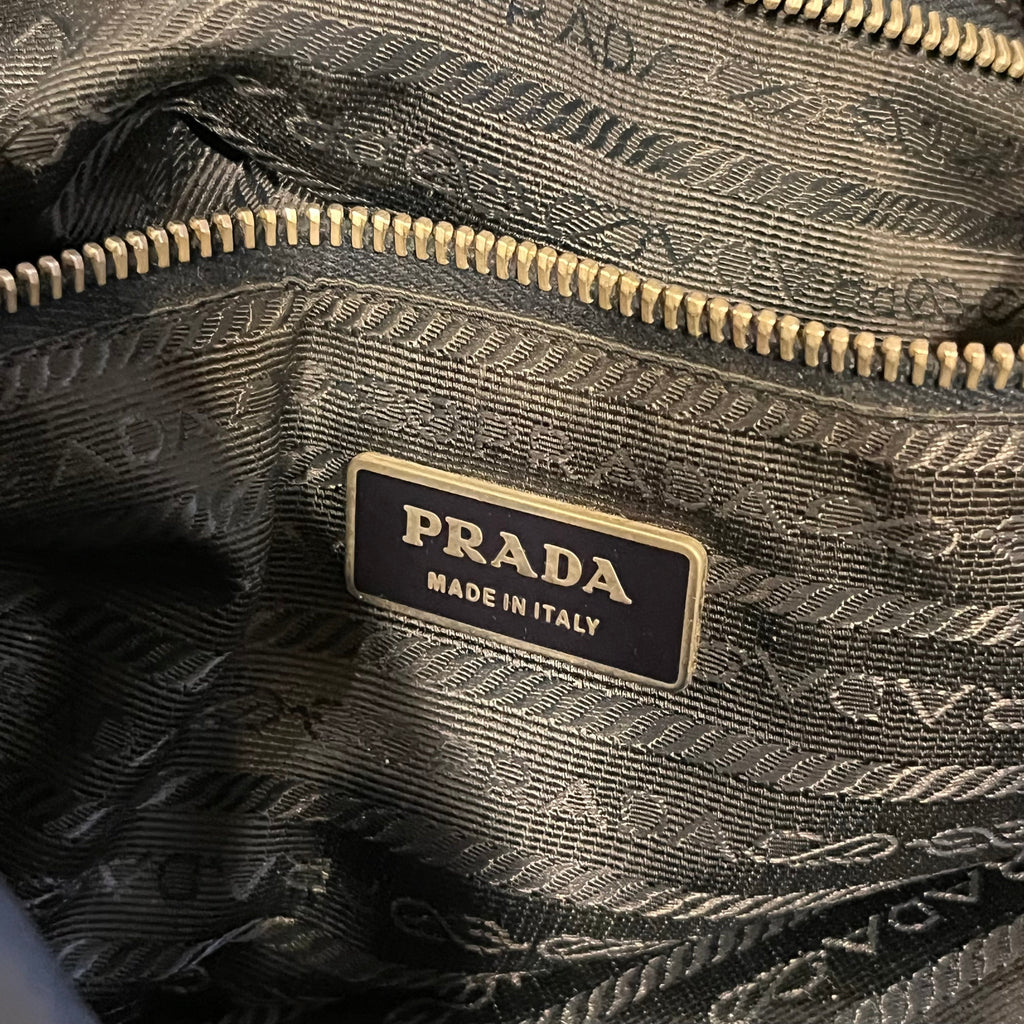 PRADA Navy Blue Nylon Embossed Leather Logo Hobo Bag