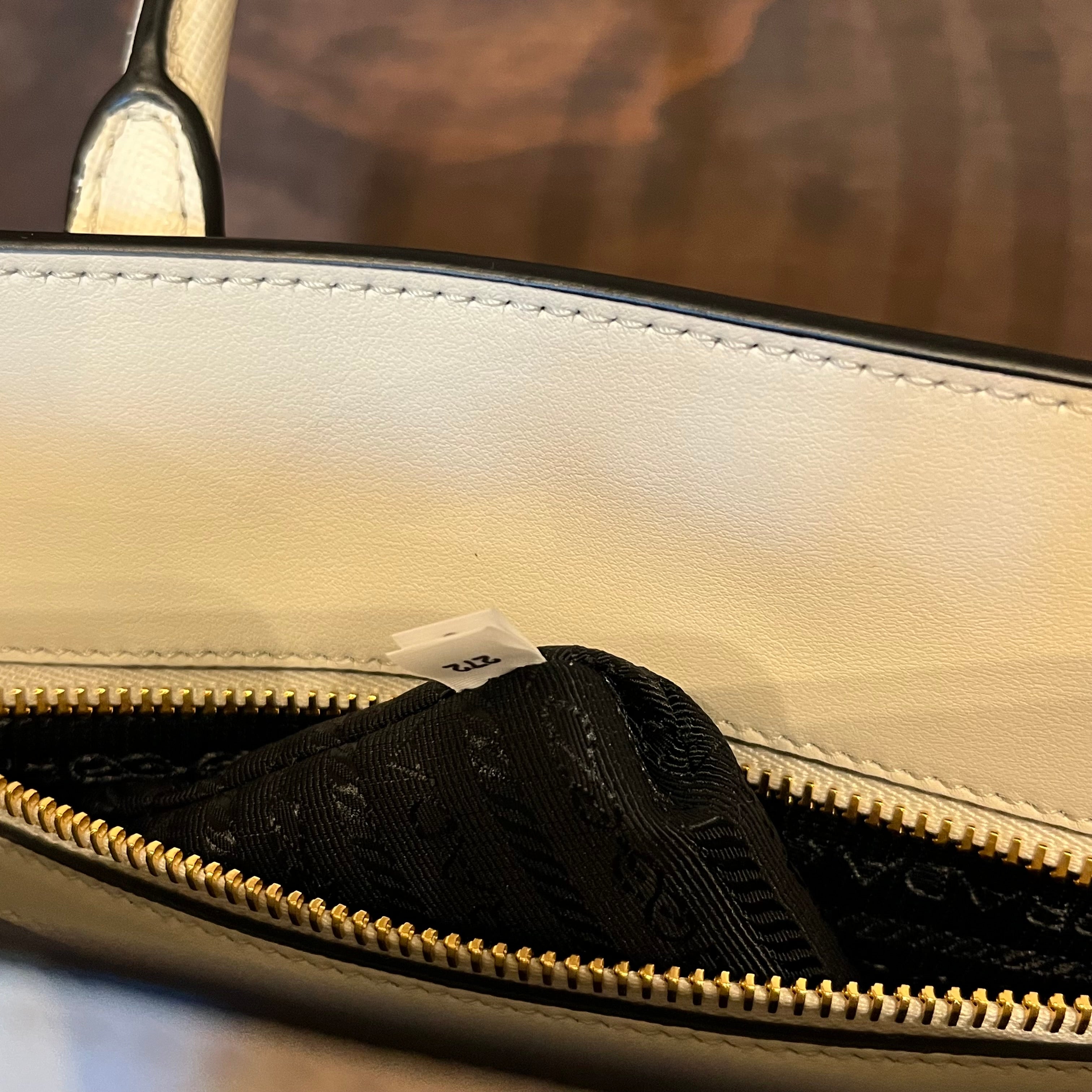 PRADA Medium Logo Embossed White Saffiano Lux Leather Shoulder Tote