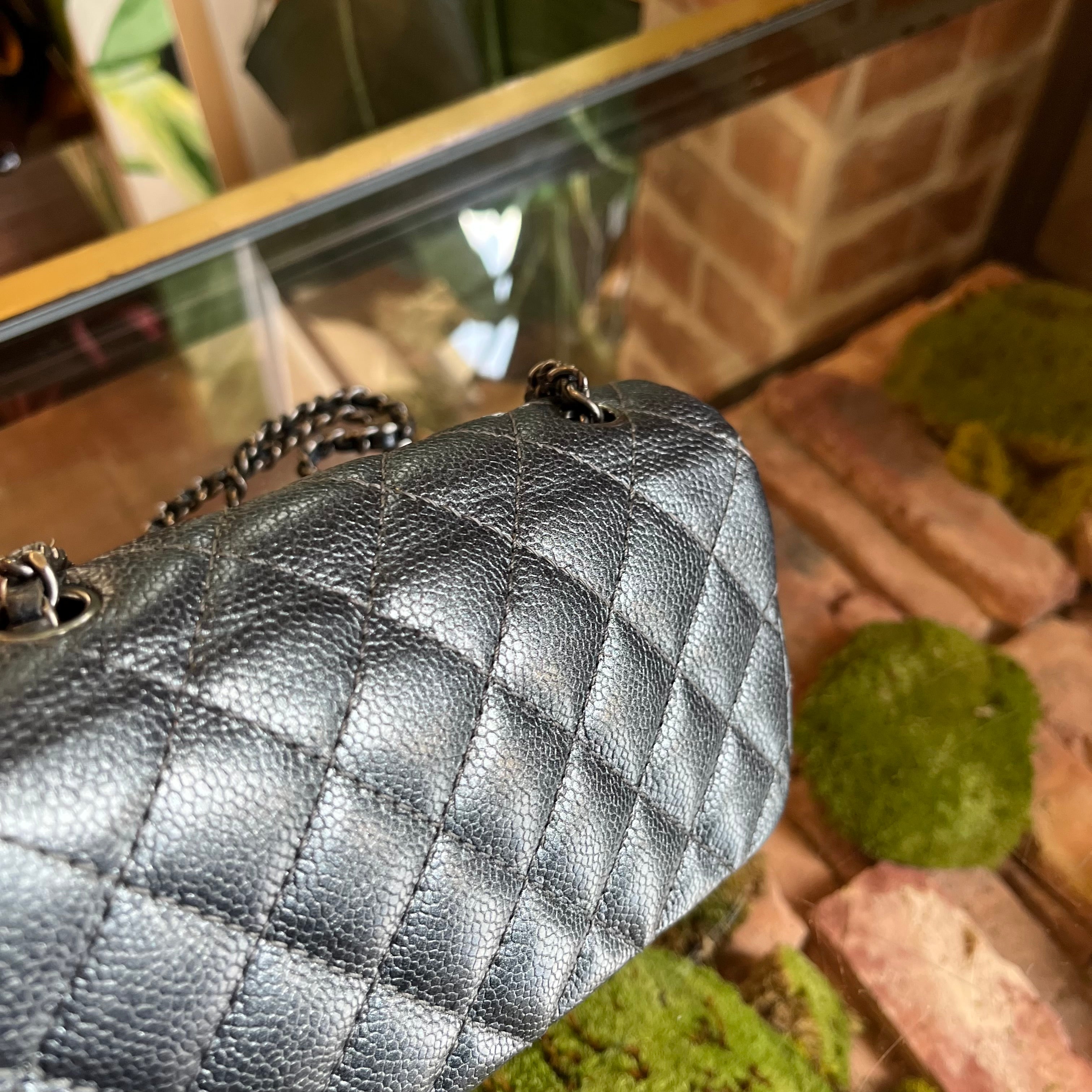 CHANEL Extra Mini Flap Metallic Blue Caviar Leather Rectangle Shoulder Bag