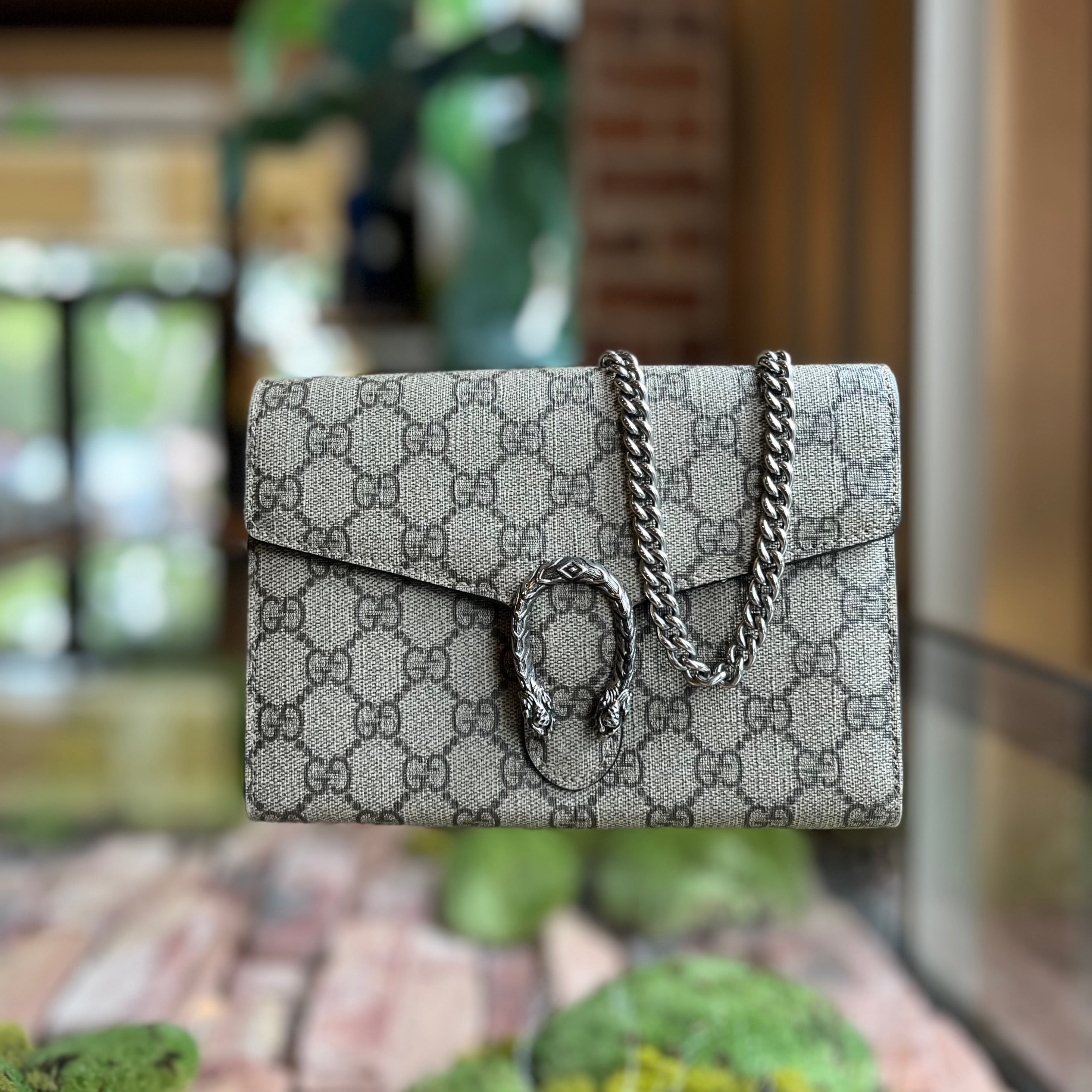 GUCCI Mini Dionysus Wallet on Chain Beige GG Supreme Monogram Crossbody