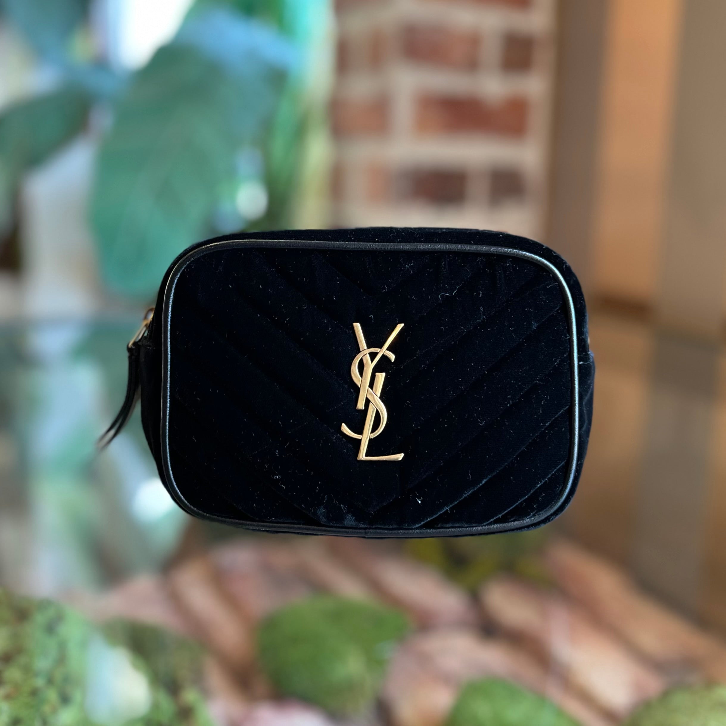 SAINT LAURENT Loulou Small Black Velvet Chevron Quilted Belt Bag