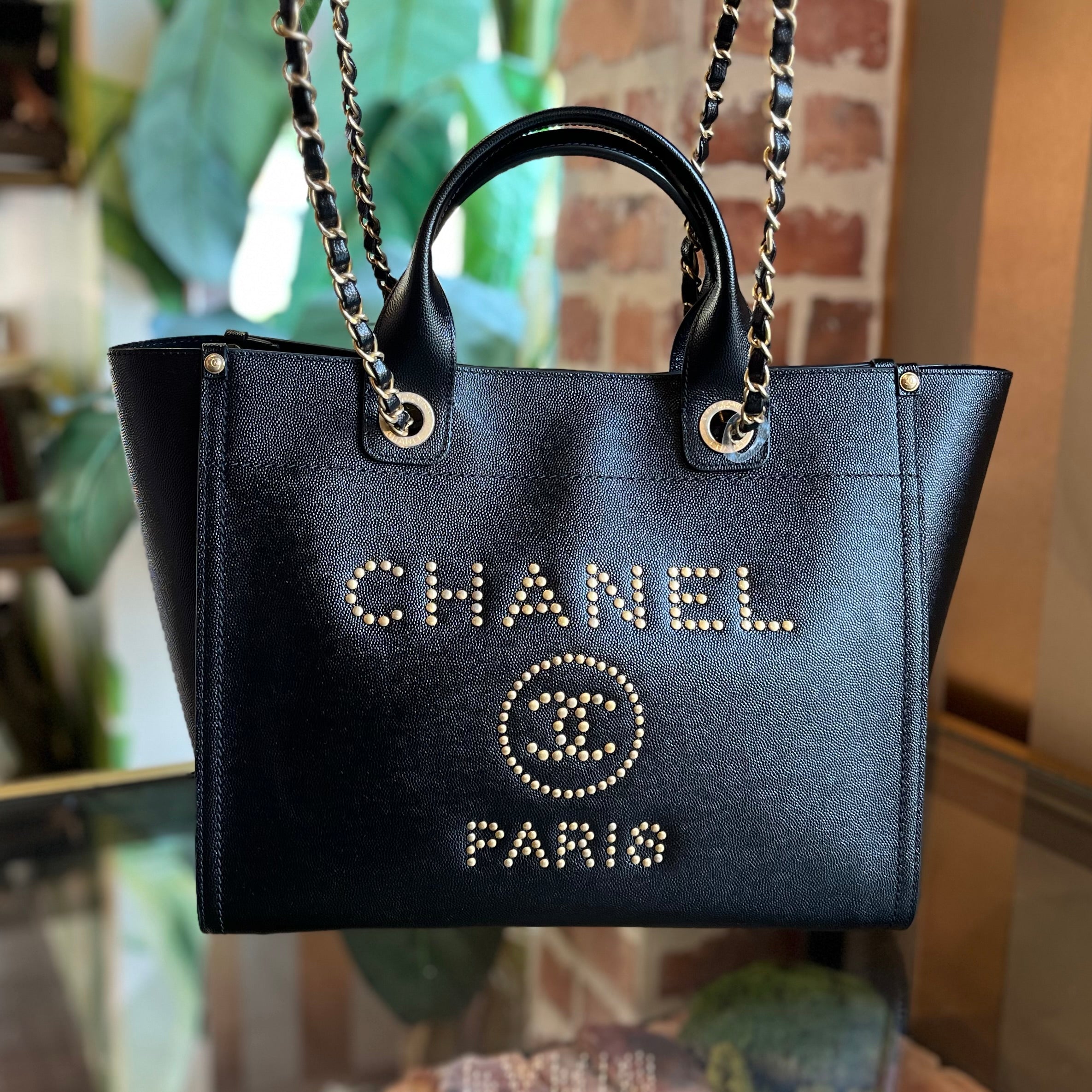 CHANEL Deauville Small Studded Caviar Leather Tote Bag