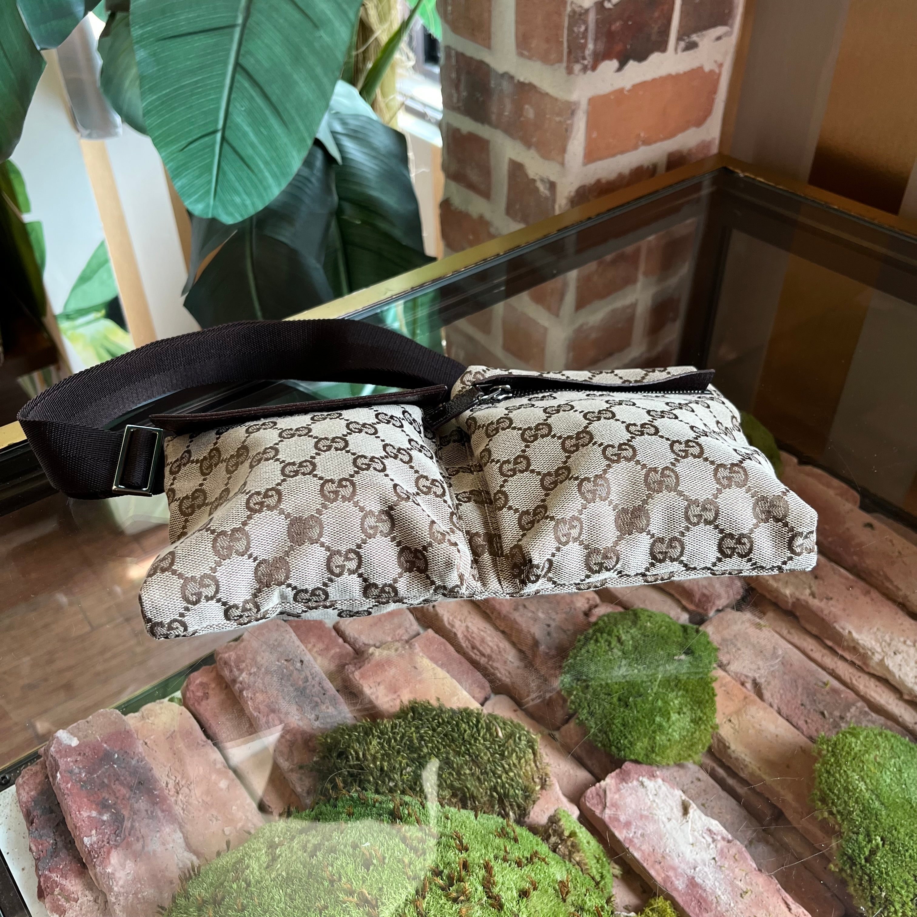GUCCI Beige GG Monogram Canvas Double Pocket Belt Bag