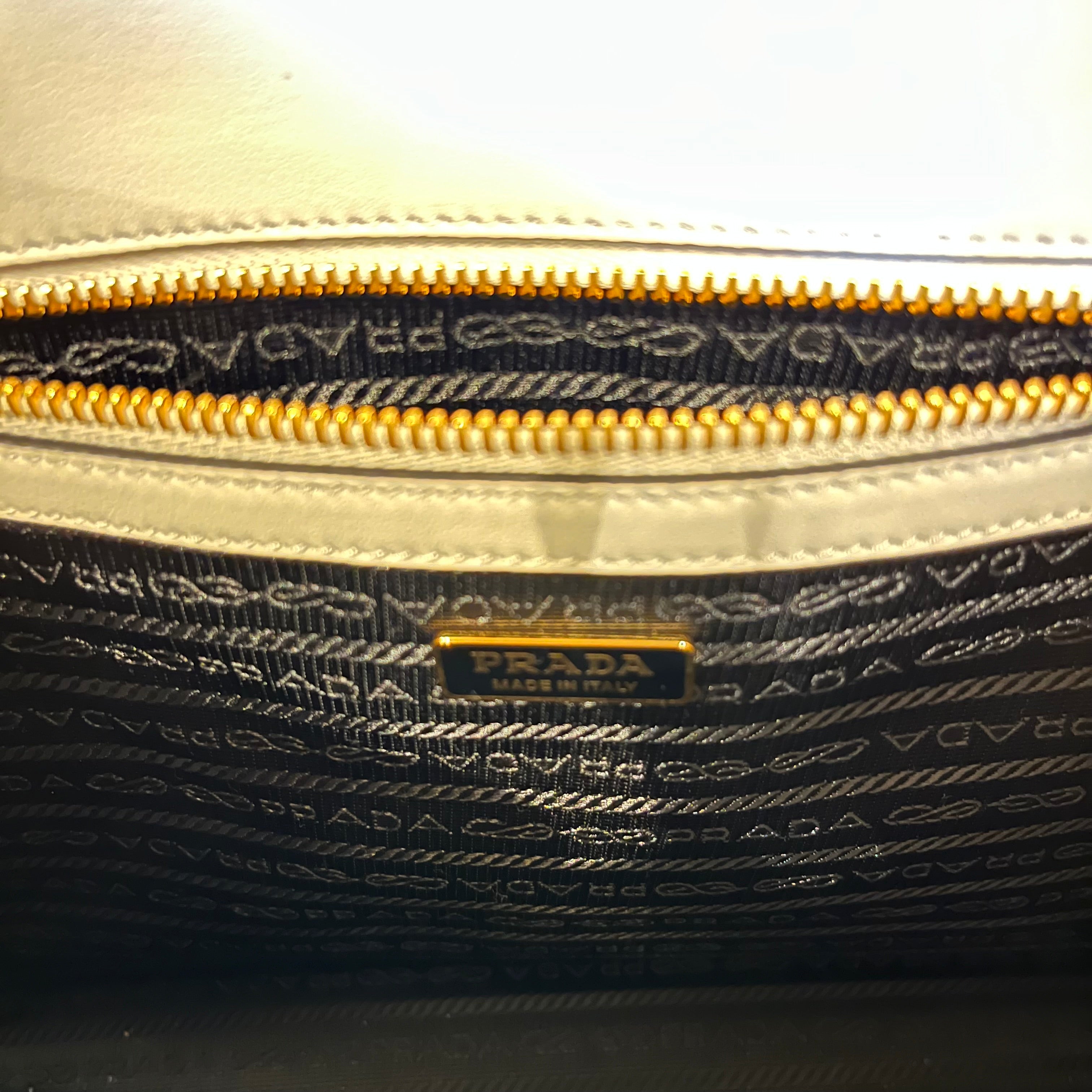 PRADA Medium Logo Embossed White Saffiano Lux Leather Shoulder Tote