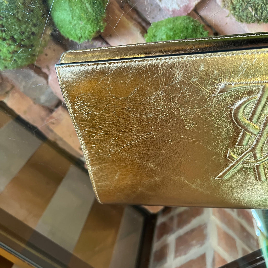 SAINT LAURENT Belle De Jour Large Gold Metallic Calfskin Monogram Clutch