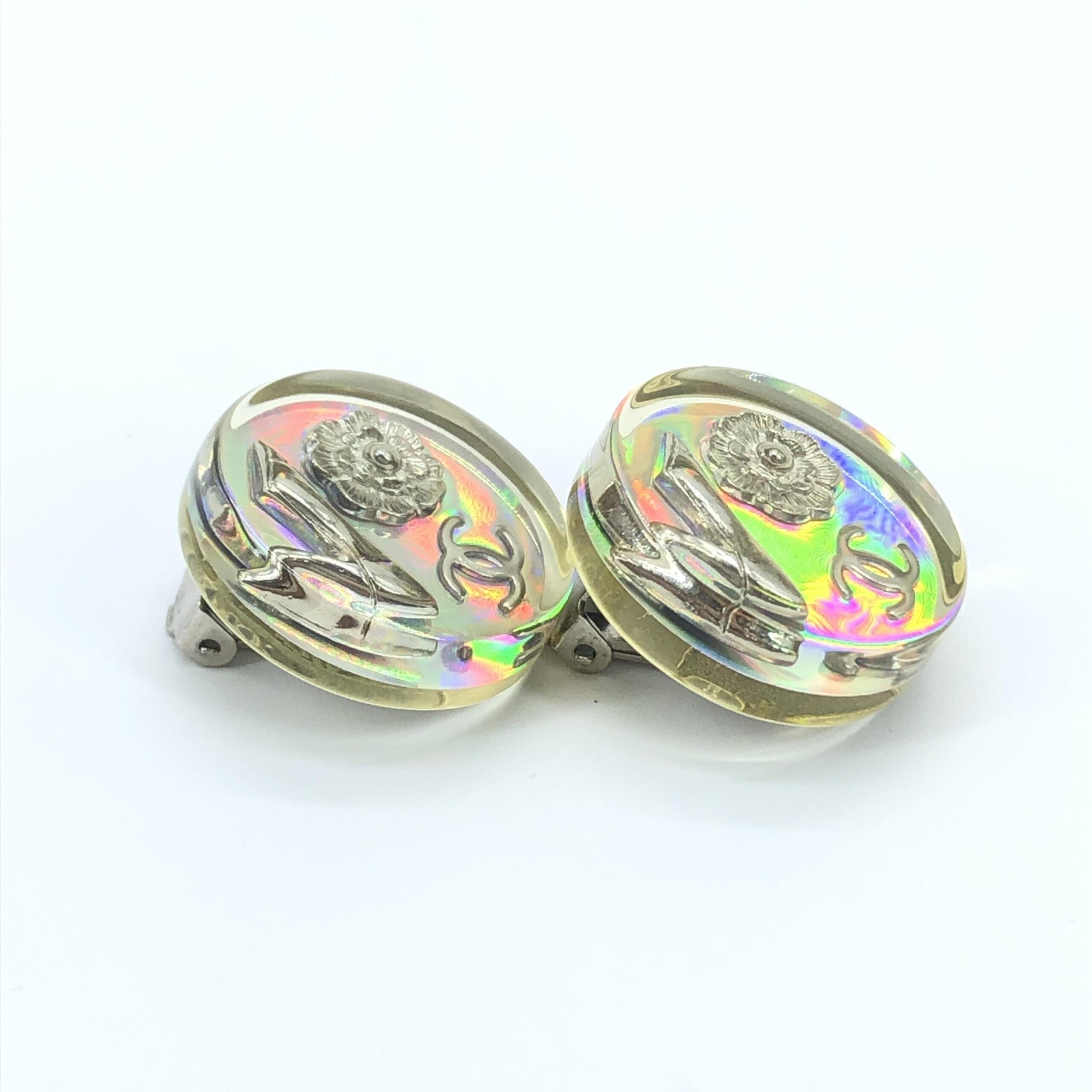 Chanel Vintage Holographic Logo Clip-On Women's Earrings (Pre-Owned)