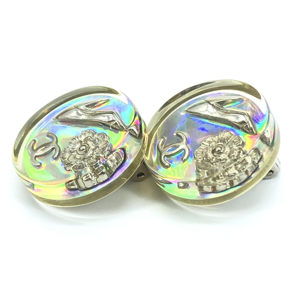 Chanel Vintage Holographic Logo Clip-On Women's Earrings (Pre-Owned)