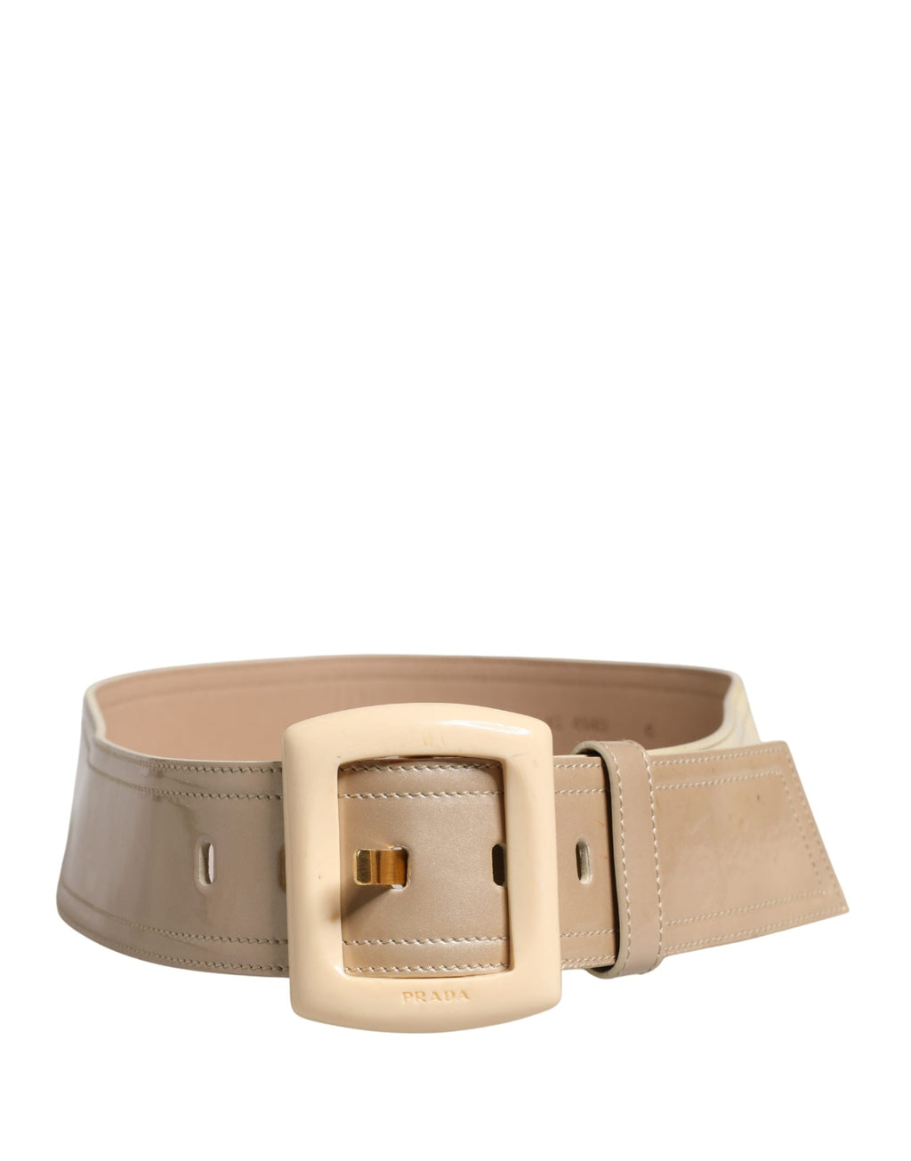 Prada Beige Leather Logo Wide Waist Women Square Buckle Women's Belt (Pre-Owned)
