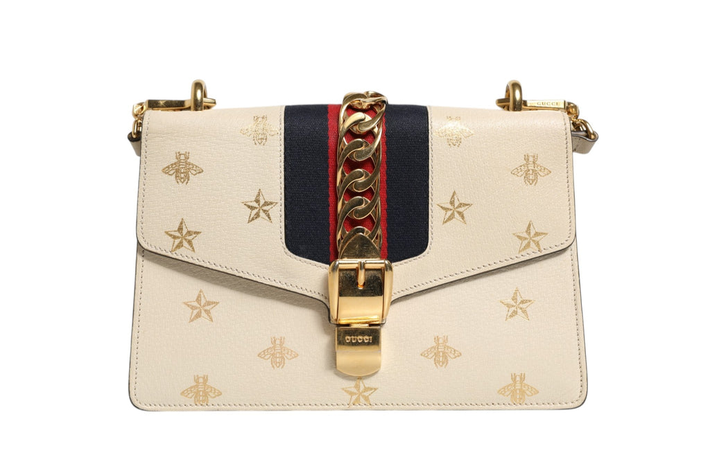 Gucci Cream Leather with a Bee and Star Print Leather Sylvie Crossbody Women's Bag (Pre-Owned)