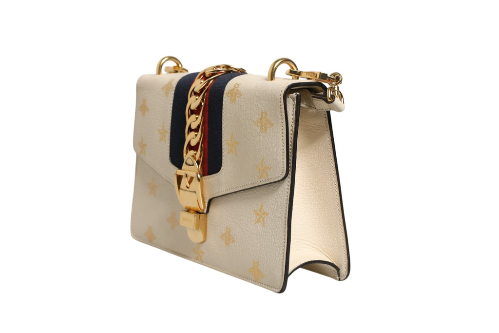 Gucci Cream Leather with a Bee and Star Print Leather Sylvie Crossbody Women's Bag (Pre-Owned)