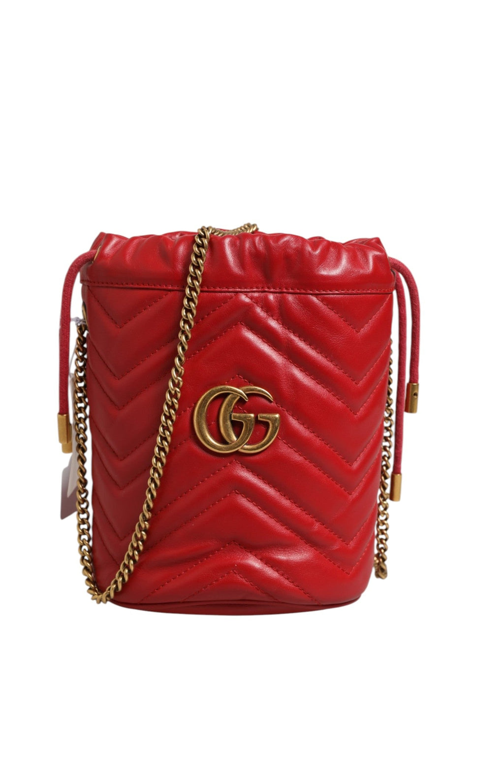 Gucci Red Chevron-quilted Calfskin Leather GG Marmont Bucket Women's Bag (Pre-Owned)