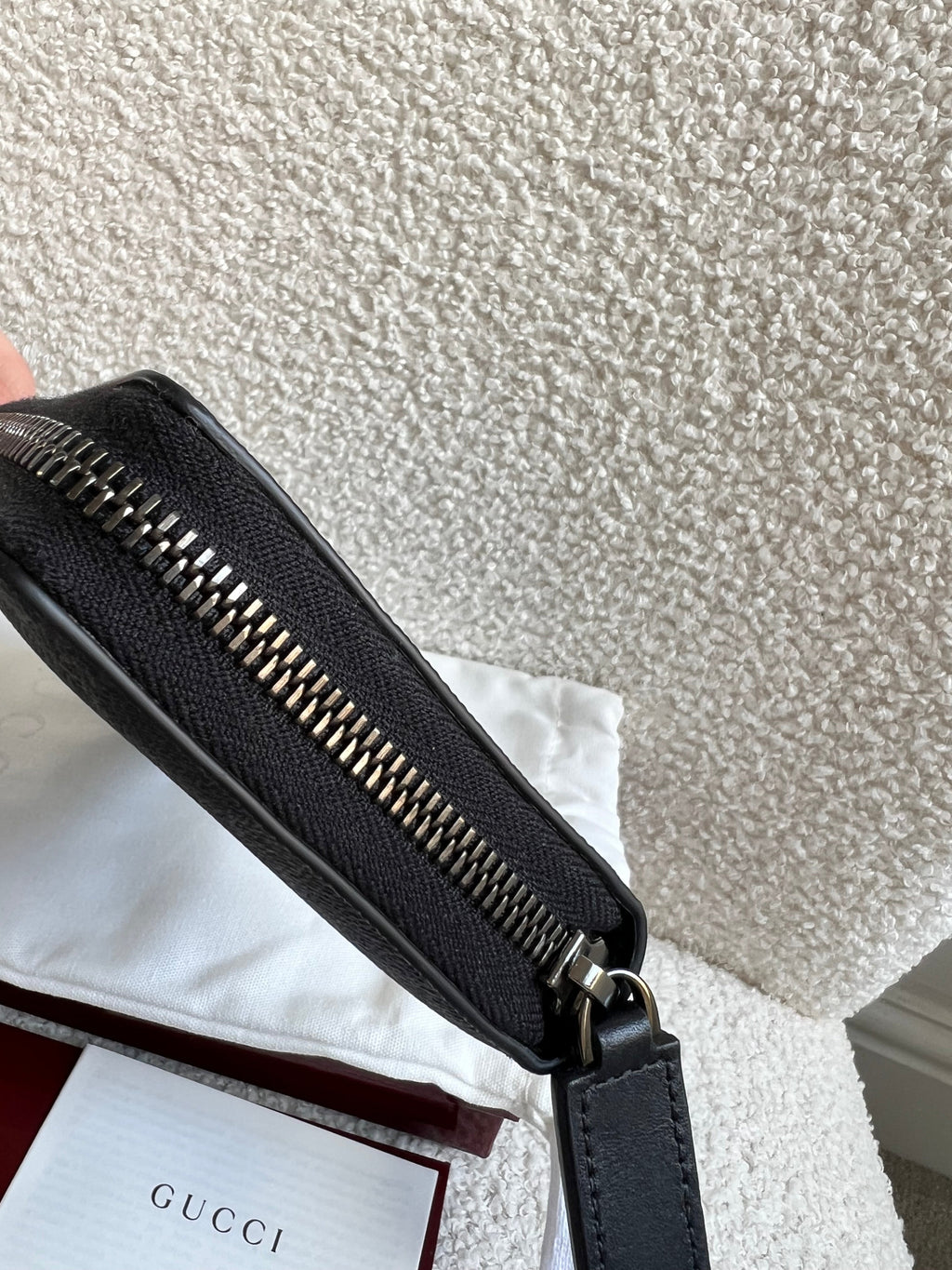 Gucci Black Grey GG Canvas zip around wallet