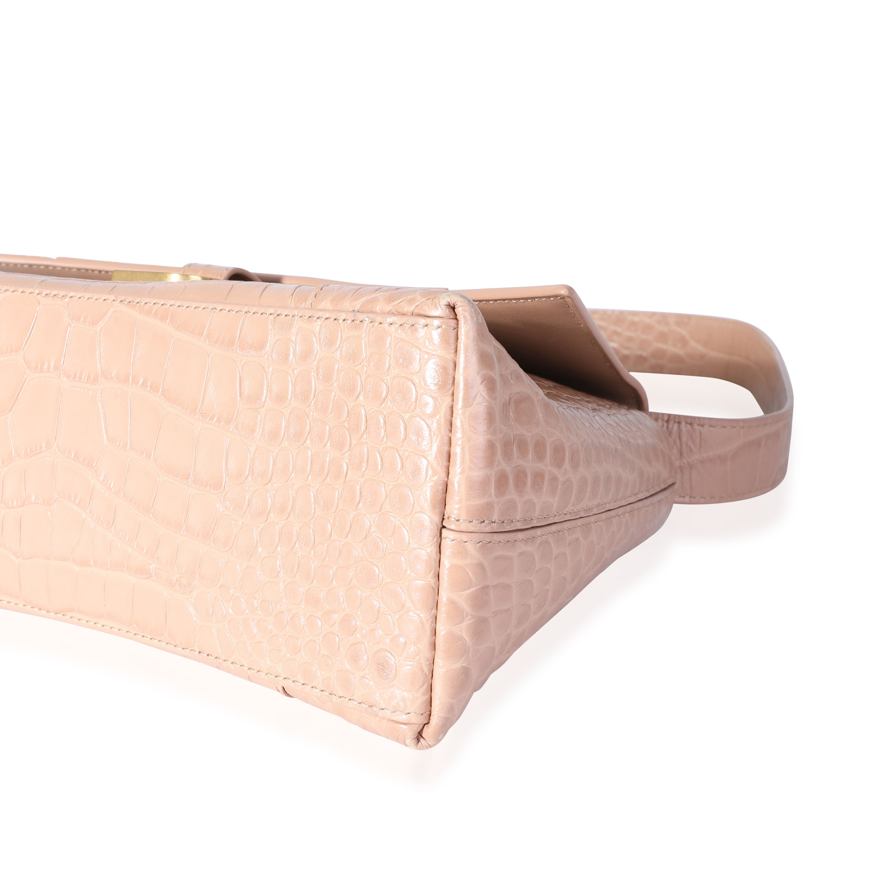 Beige Croc Embossed Hourglass Downtown Shoulder Bag