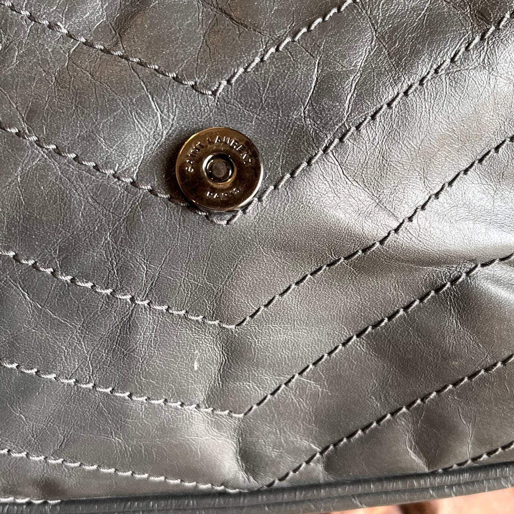 SAINT LAURENT Medium Niki Grey Quilted Crinkled Leather Shoulder Bag