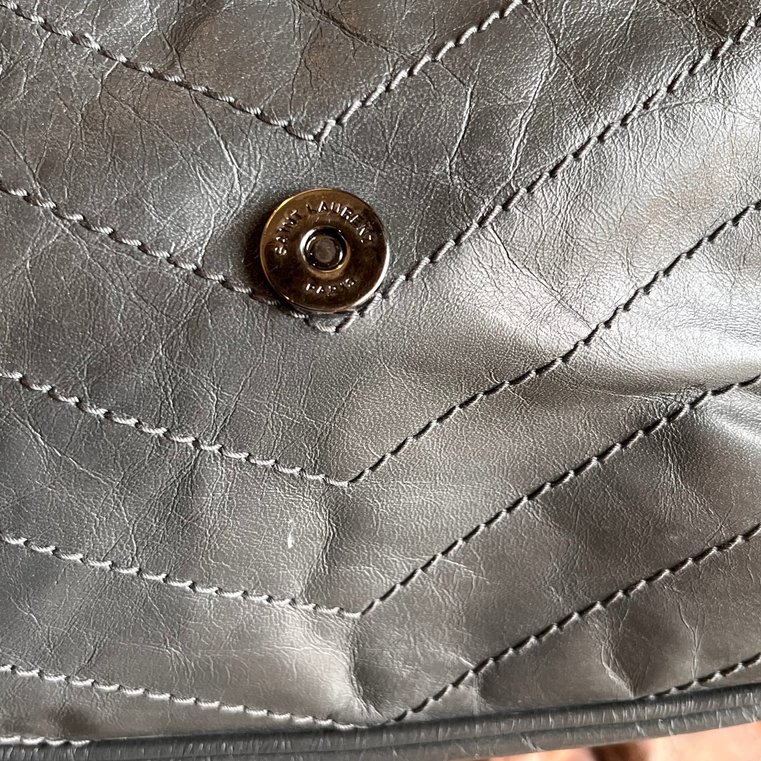 SAINT LAURENT Medium Niki Grey Quilted Crinkled Leather Shoulder Bag