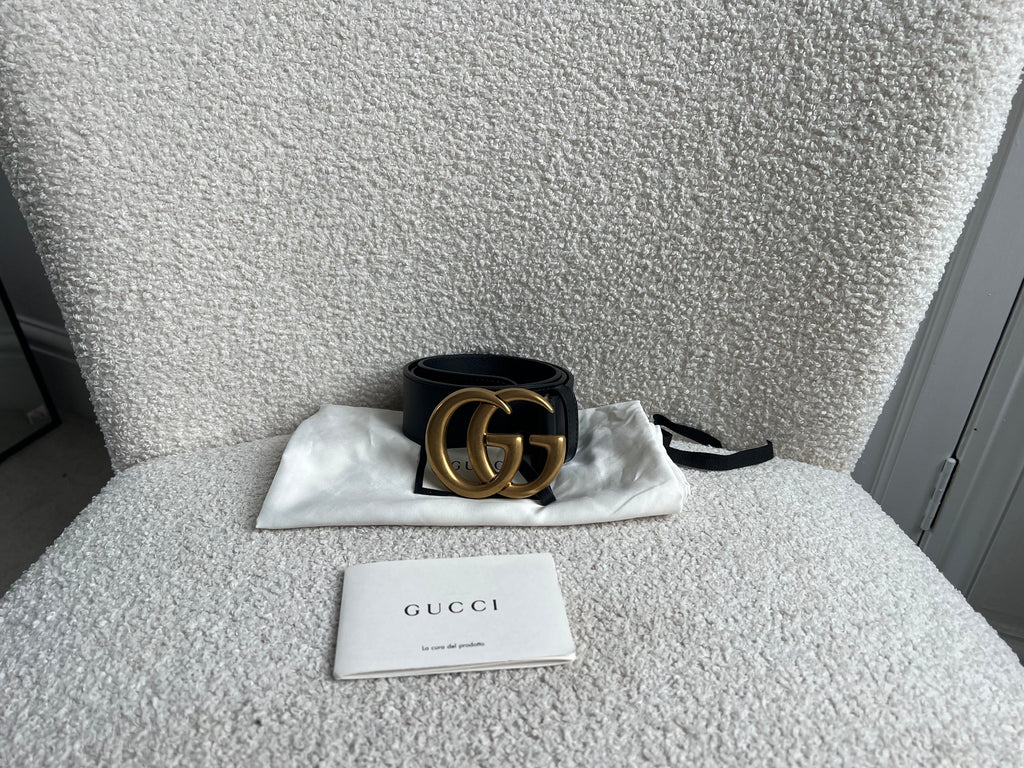 Gucci GG Marmont Black Wide Leather Belt with Shiny Gold Buckle (RRP £410)