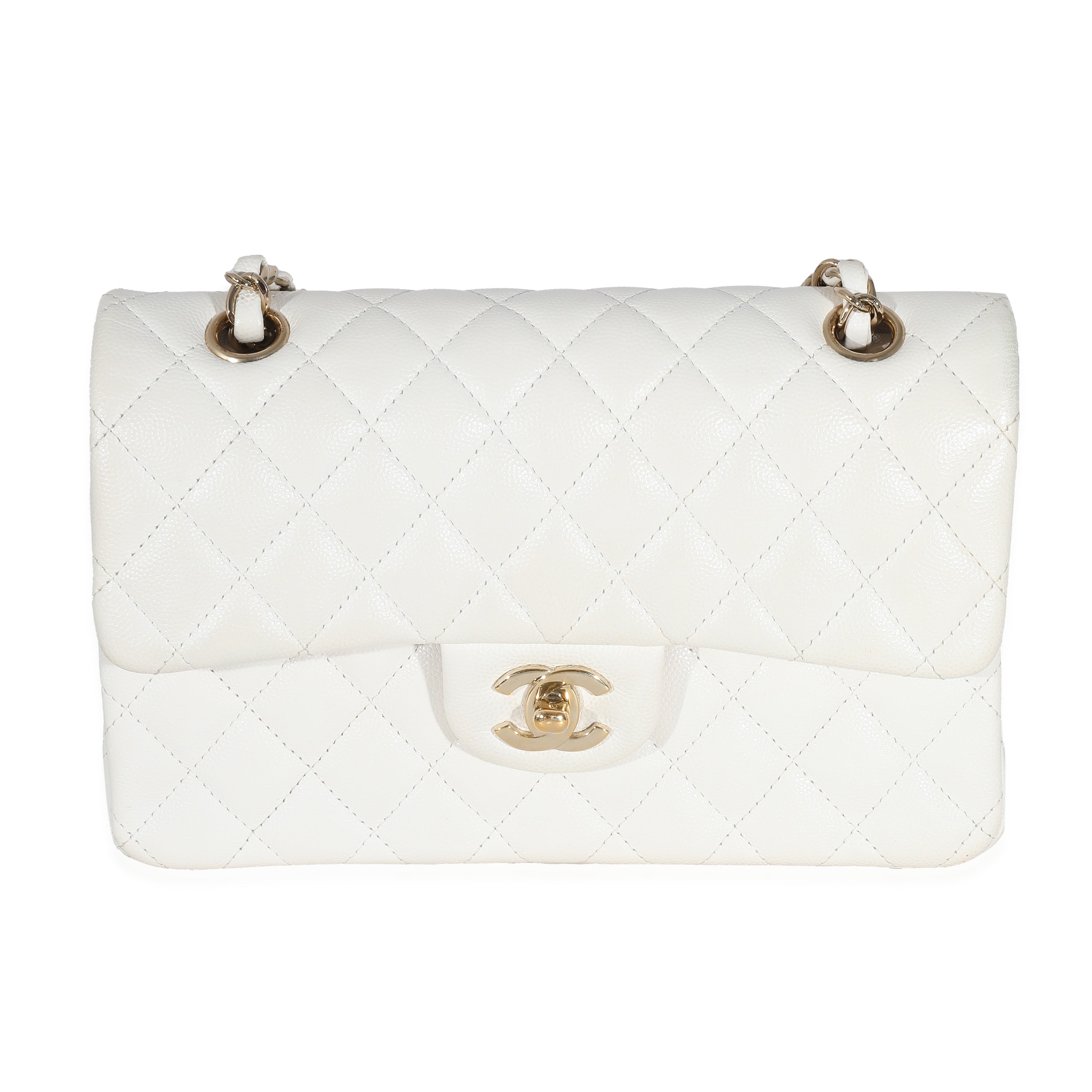 White Quilted Caviar Small Classic Double Flap Handbag