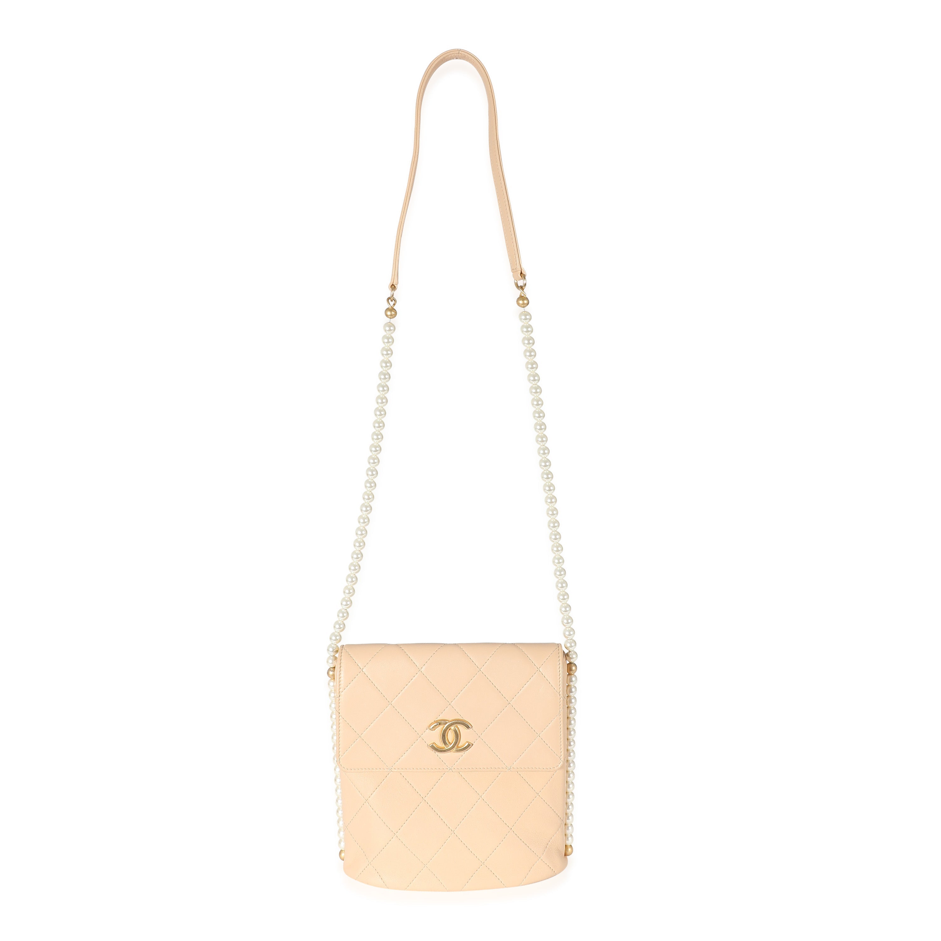 Beige Quilted Calfskin Small Pearl Chain Hobo