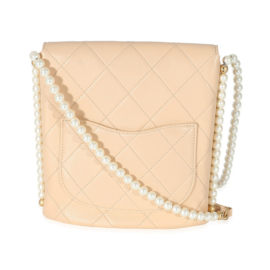Beige Quilted Calfskin Small Pearl Chain Hobo