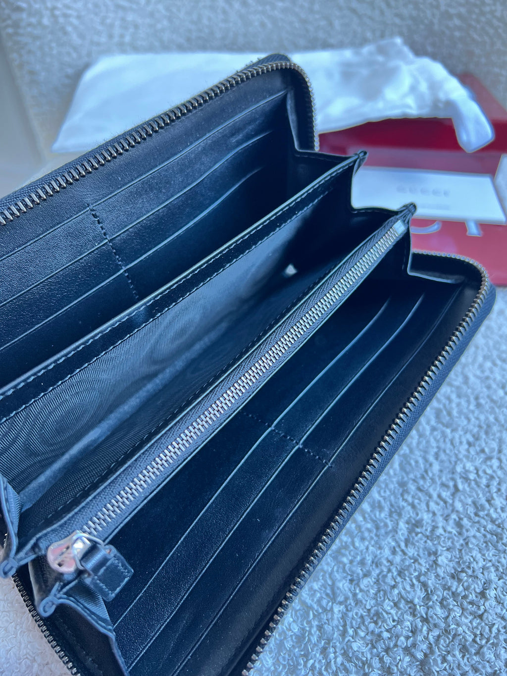 Gucci Black Grey GG Canvas zip around wallet