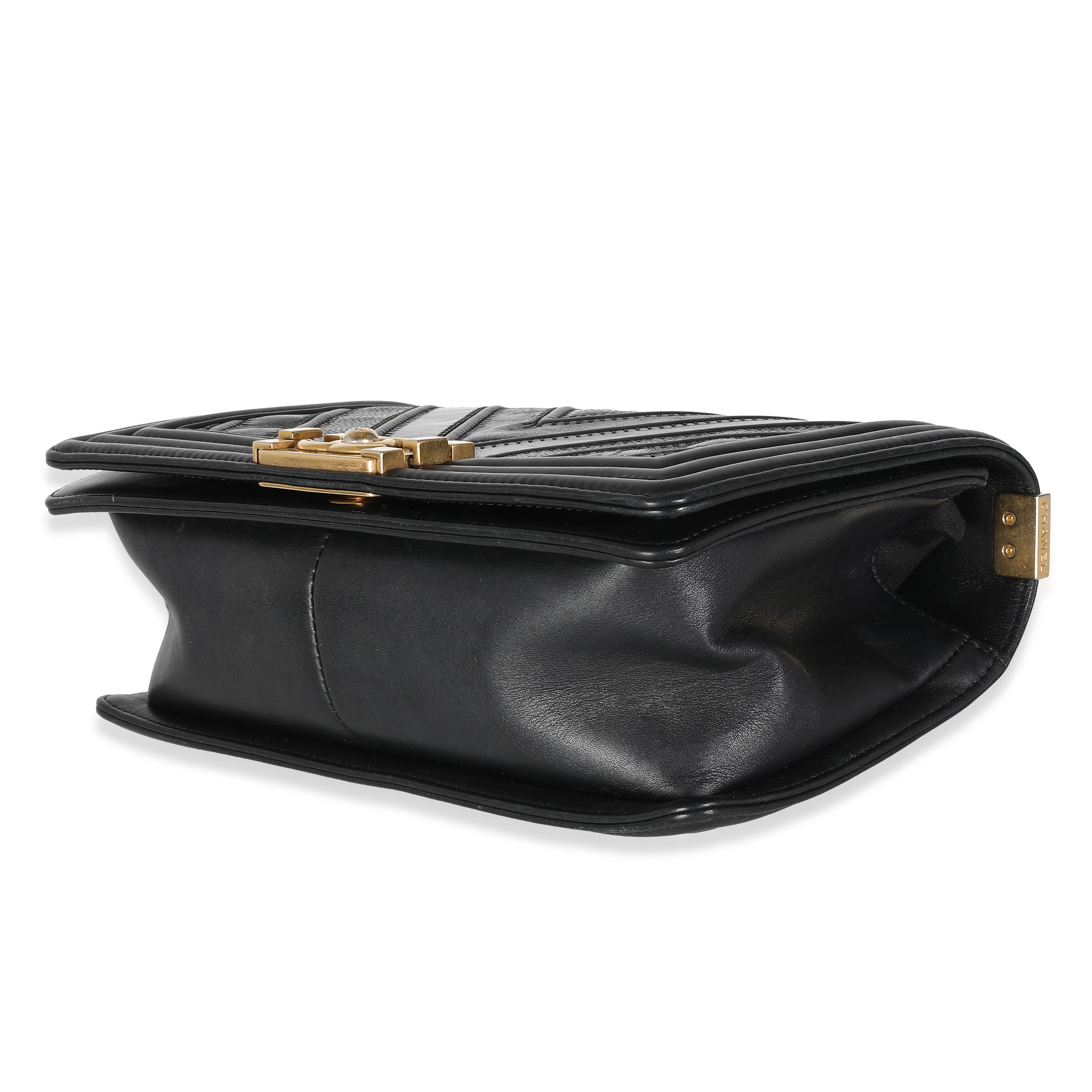 Black Calfskin Caviar In The Mix Chevron Old Medium Boy Handbag