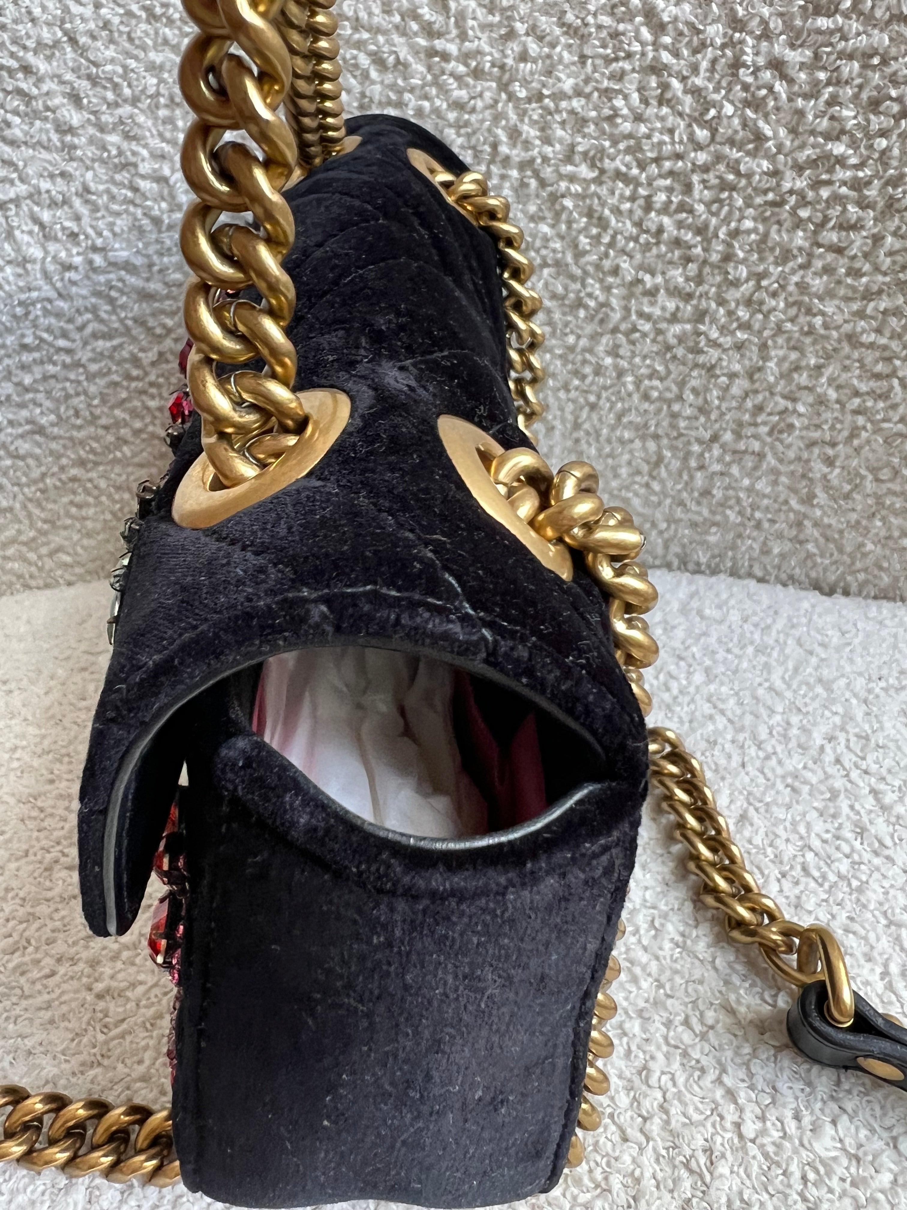 Gucci GG Black Velvet Embellished Marmont Mini Shoulder Bag