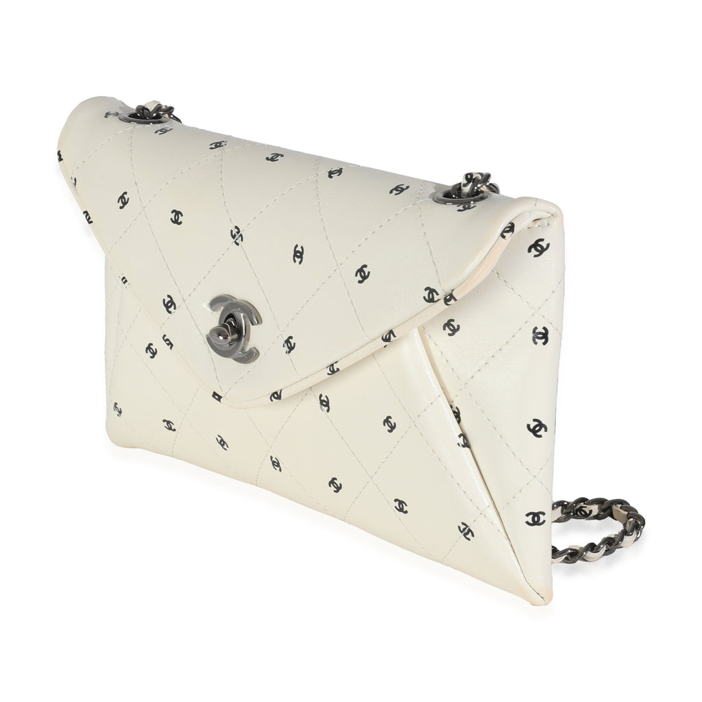 White Lambskin CC Logo Envelope Clutch With Chain