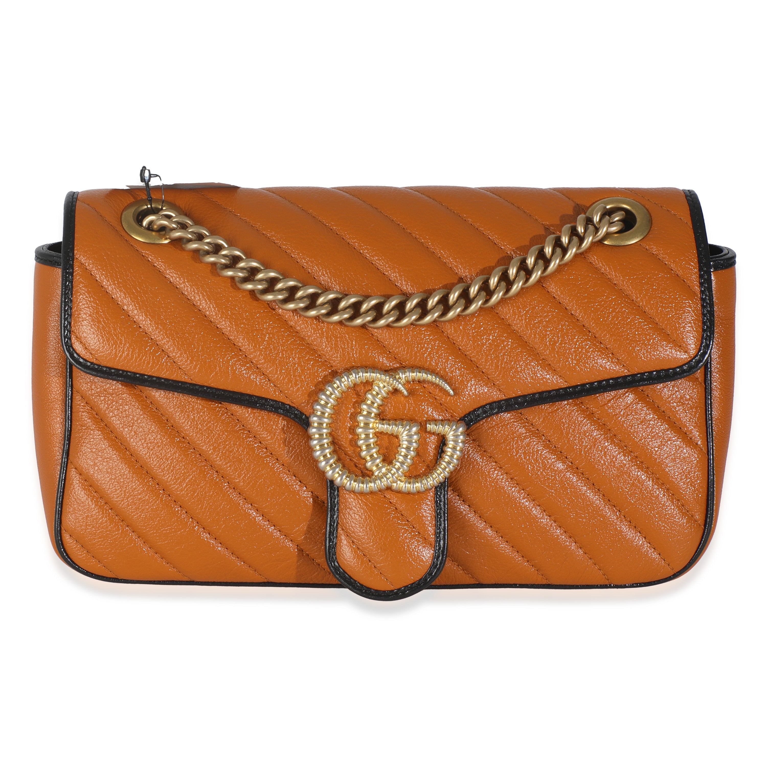 Cognac Calfskin Matelasse Diagonal Small Torchon GG Marmont Shoulder Bag