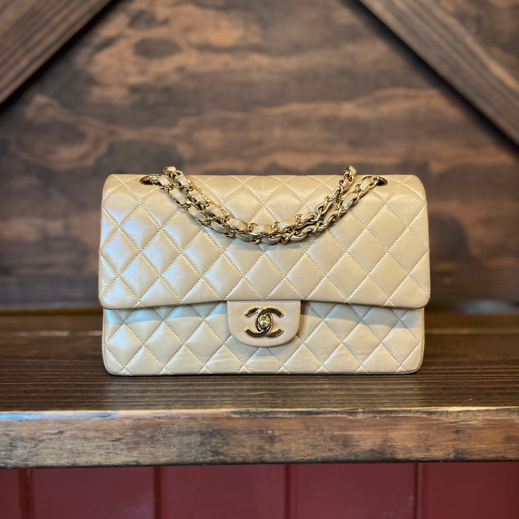 CHANEL Classic Double Flap Medium Beige Quilted Lambskin Vintage Shoulder Bag