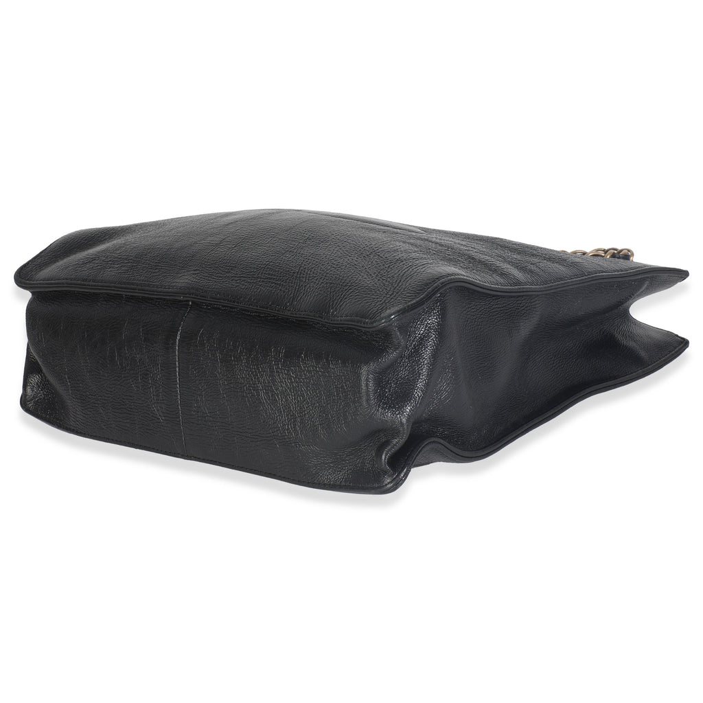 Black Shiny Aged Calfskin North South Shopping Bag