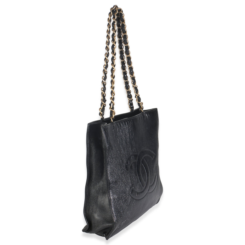 Black Shiny Aged Calfskin North South Shopping Bag