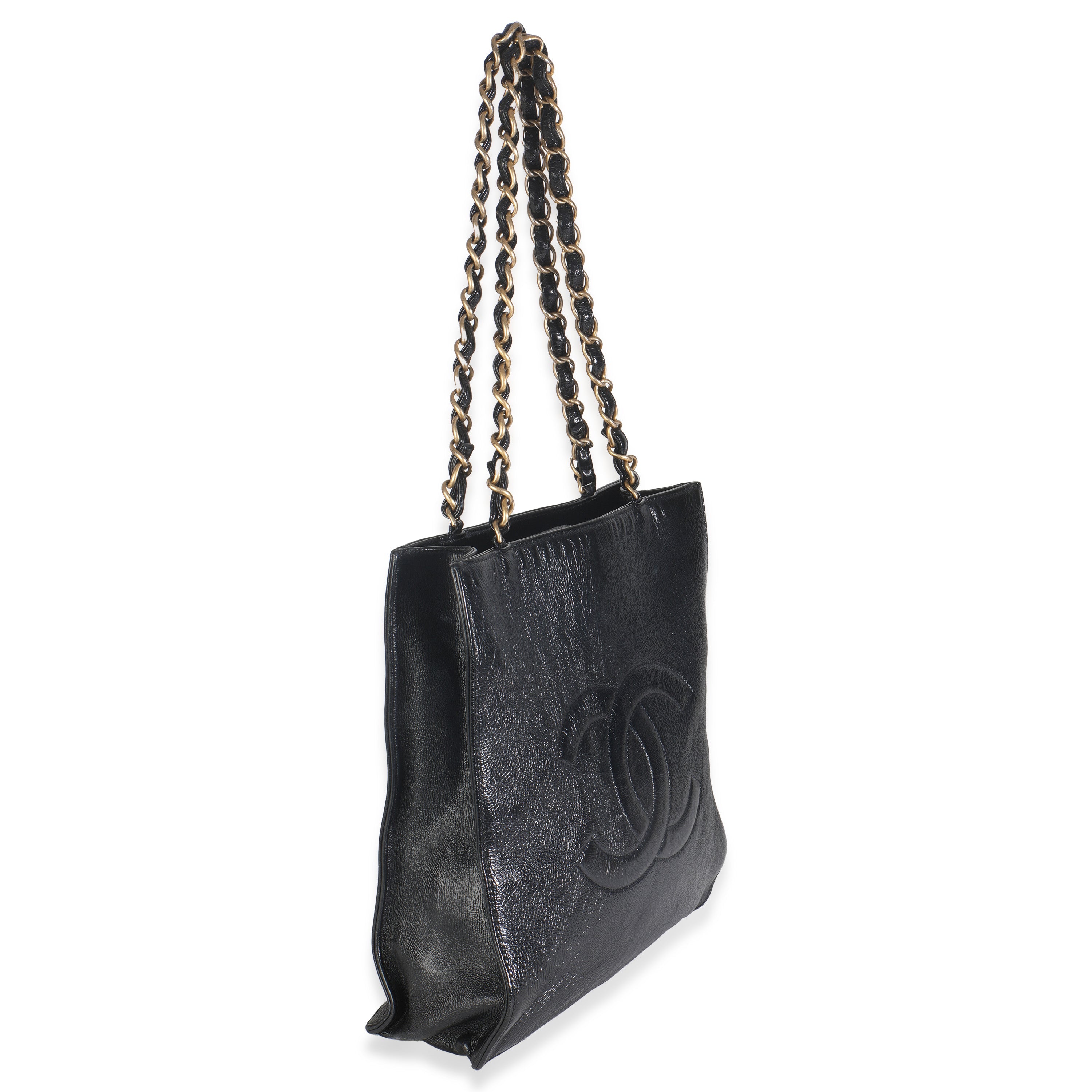 Black Shiny Aged Calfskin North South Shopping Bag