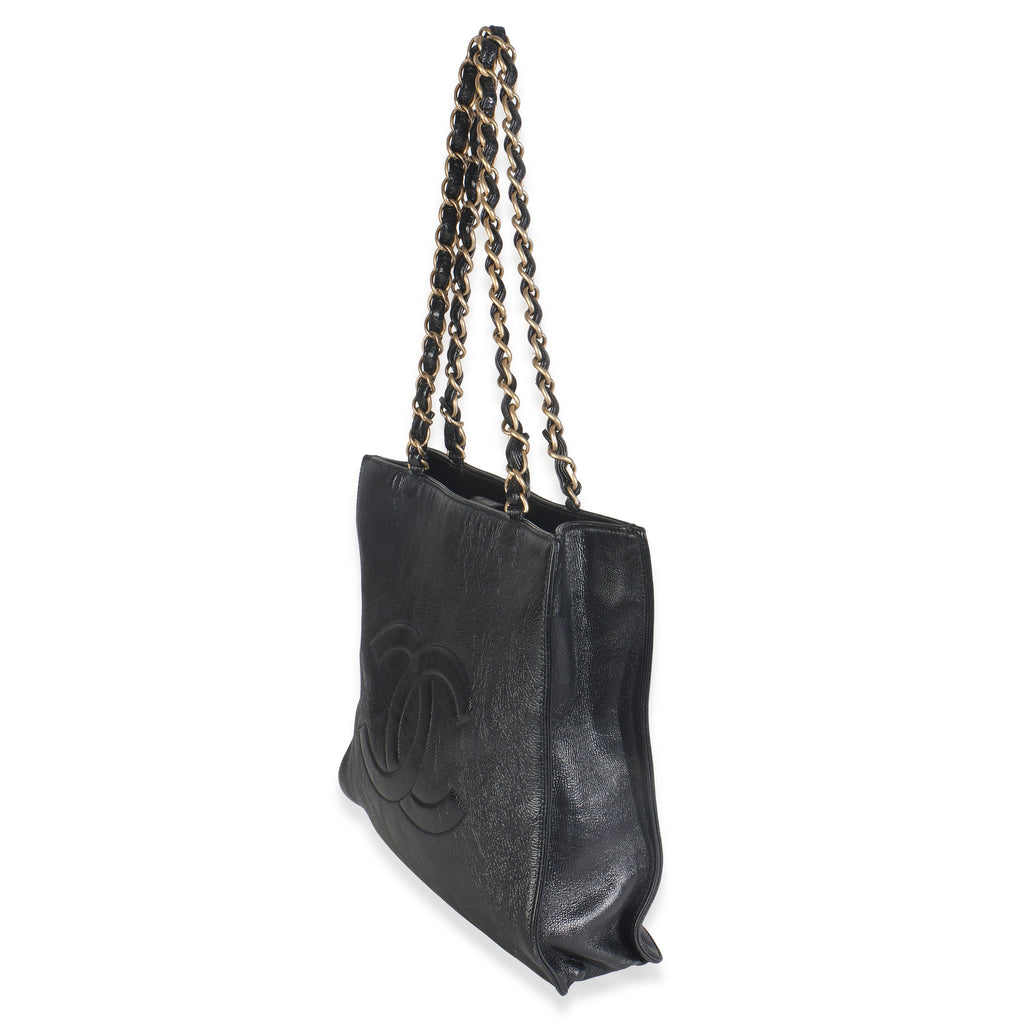 Black Shiny Aged Calfskin North South Shopping Bag