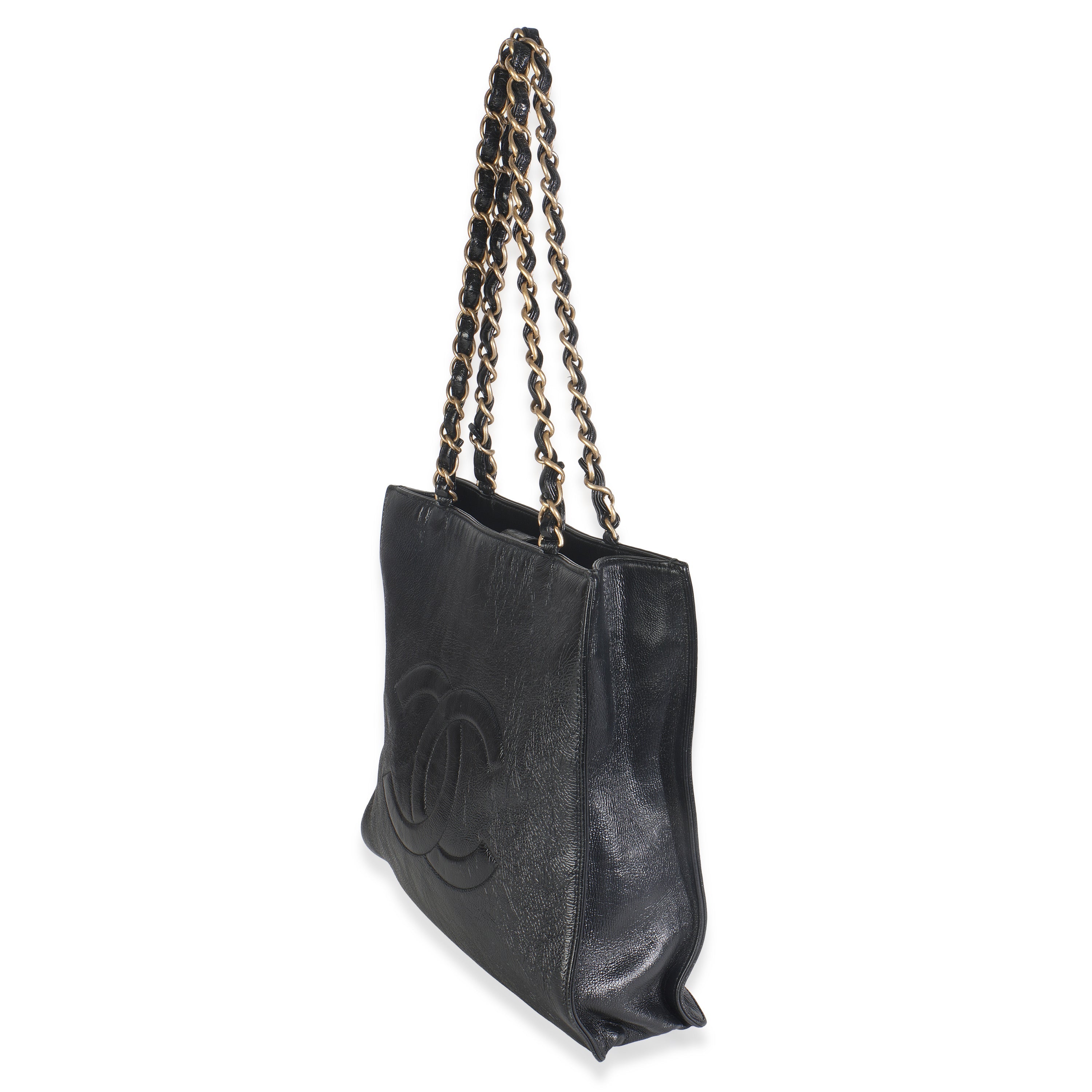 Black Shiny Aged Calfskin North South Shopping Bag