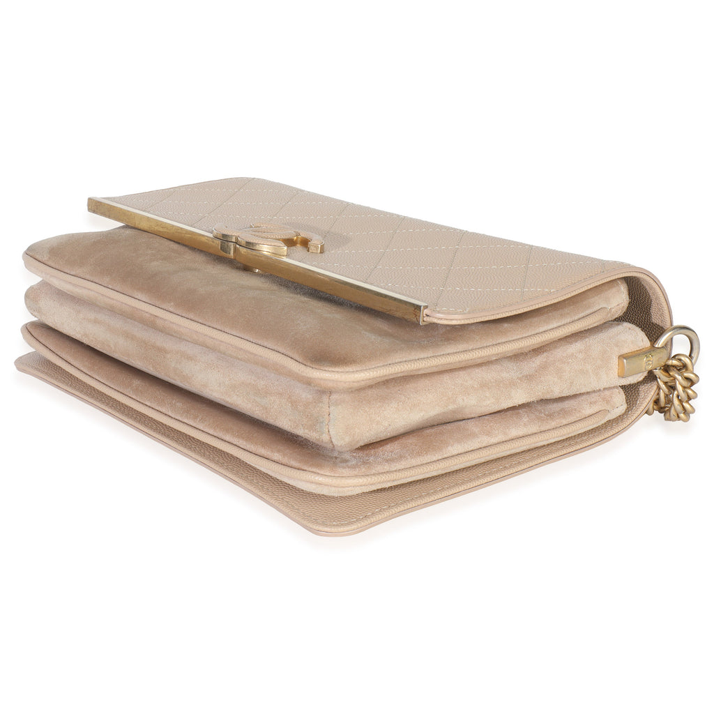 Beige Quilted Caviar Suede Lady Coco Chain Flap Bag