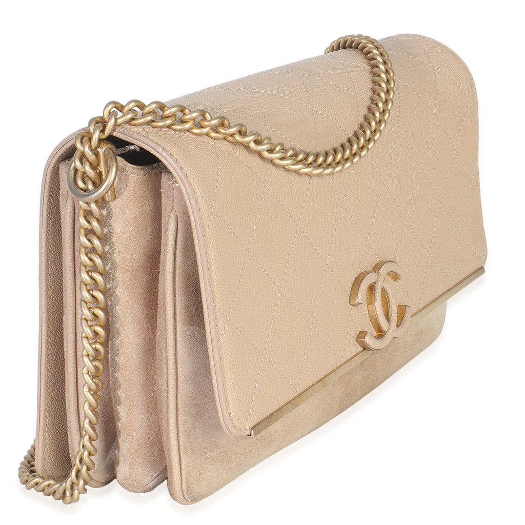 Beige Quilted Caviar Suede Lady Coco Chain Flap Bag