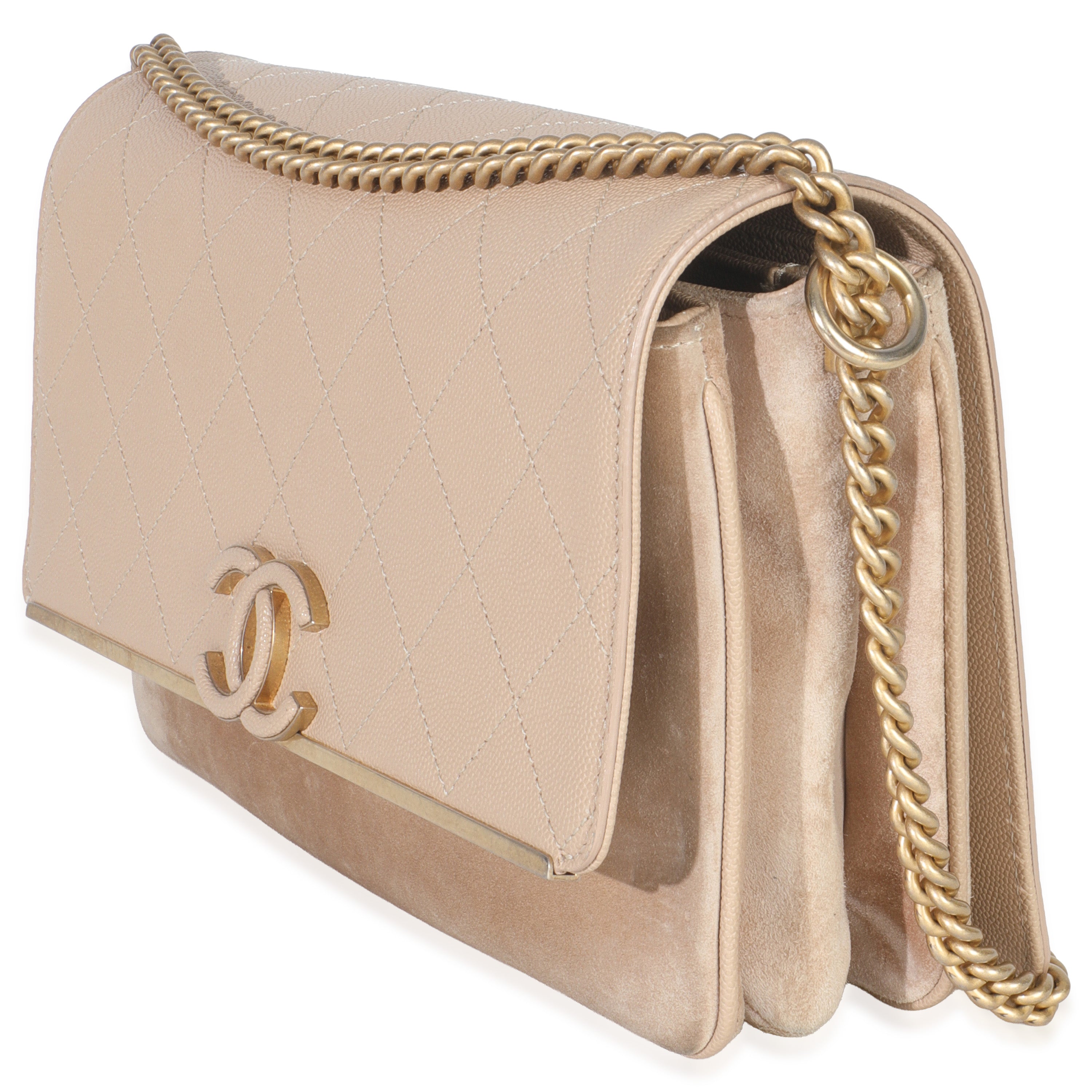 Beige Quilted Caviar Suede Lady Coco Chain Flap Bag