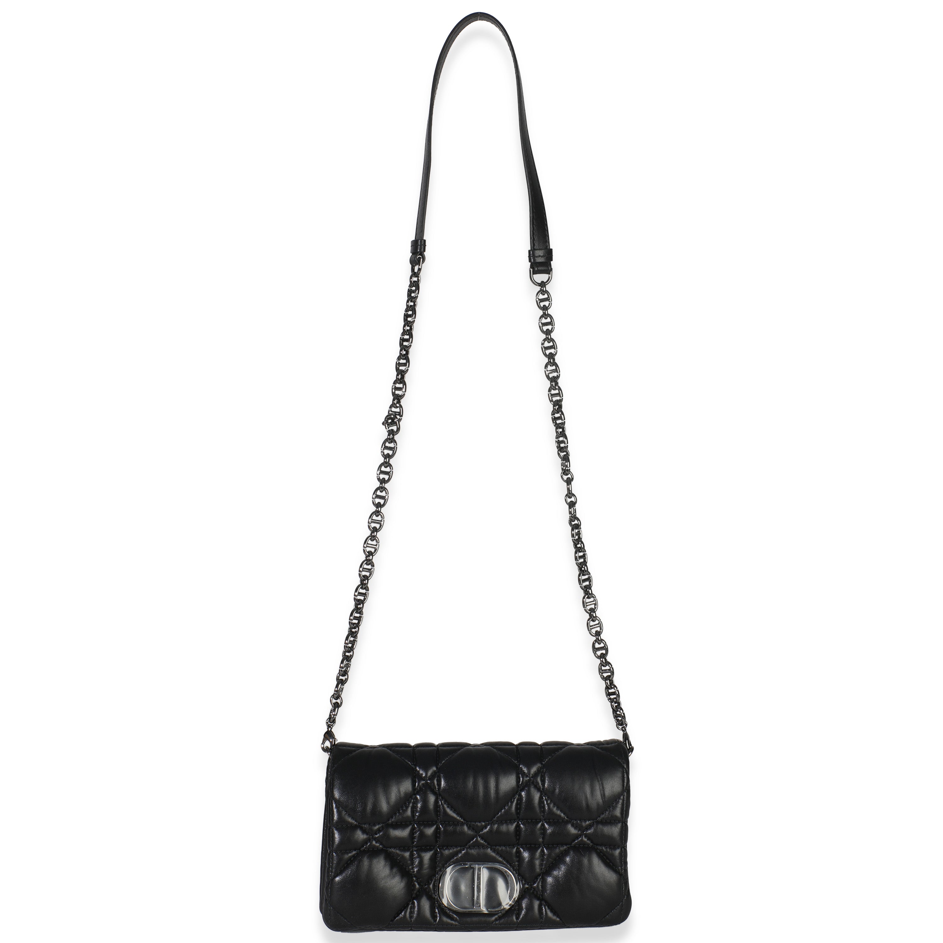 Black Puffy Calfskin Macrocannage Mini Caro Bag