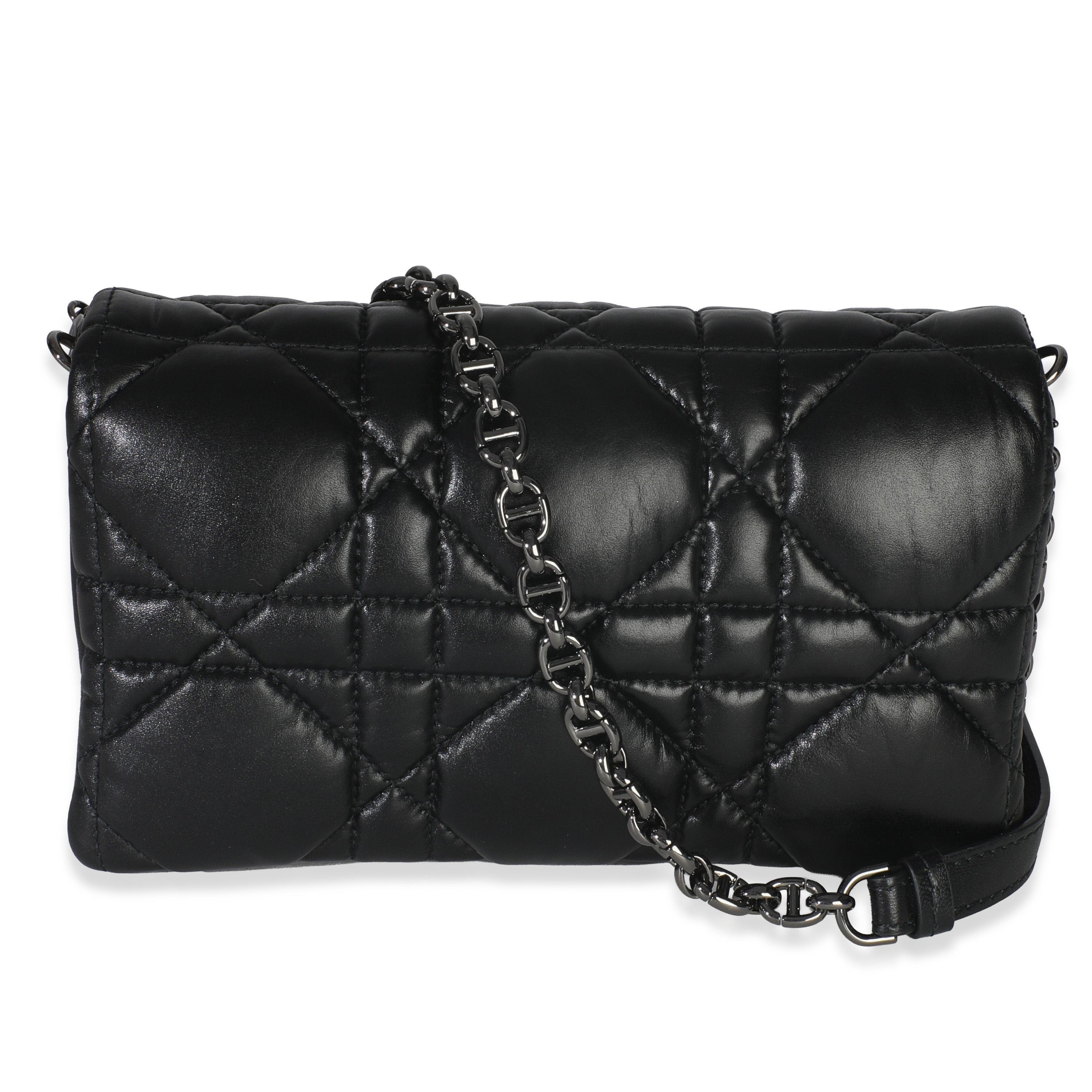 Black Puffy Calfskin Macrocannage Mini Caro Bag