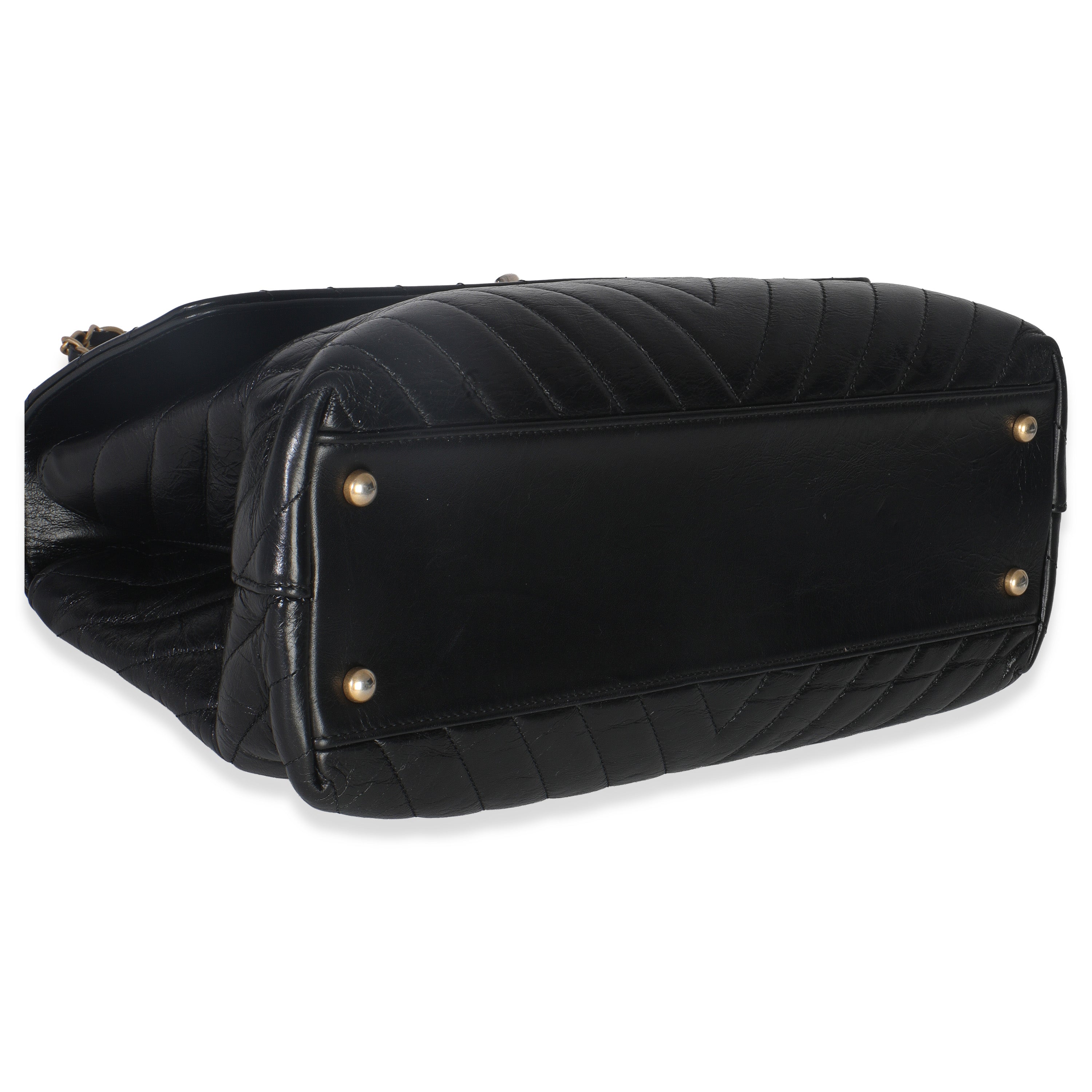 Black Chevron Aged Calfskin Large Coco Top Handle Bag