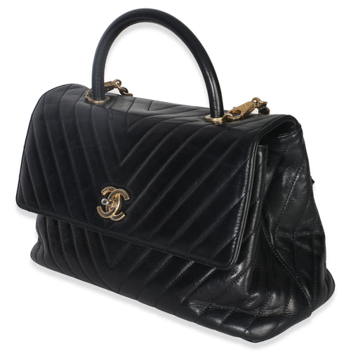 Black Chevron Aged Calfskin Large Coco Top Handle Bag