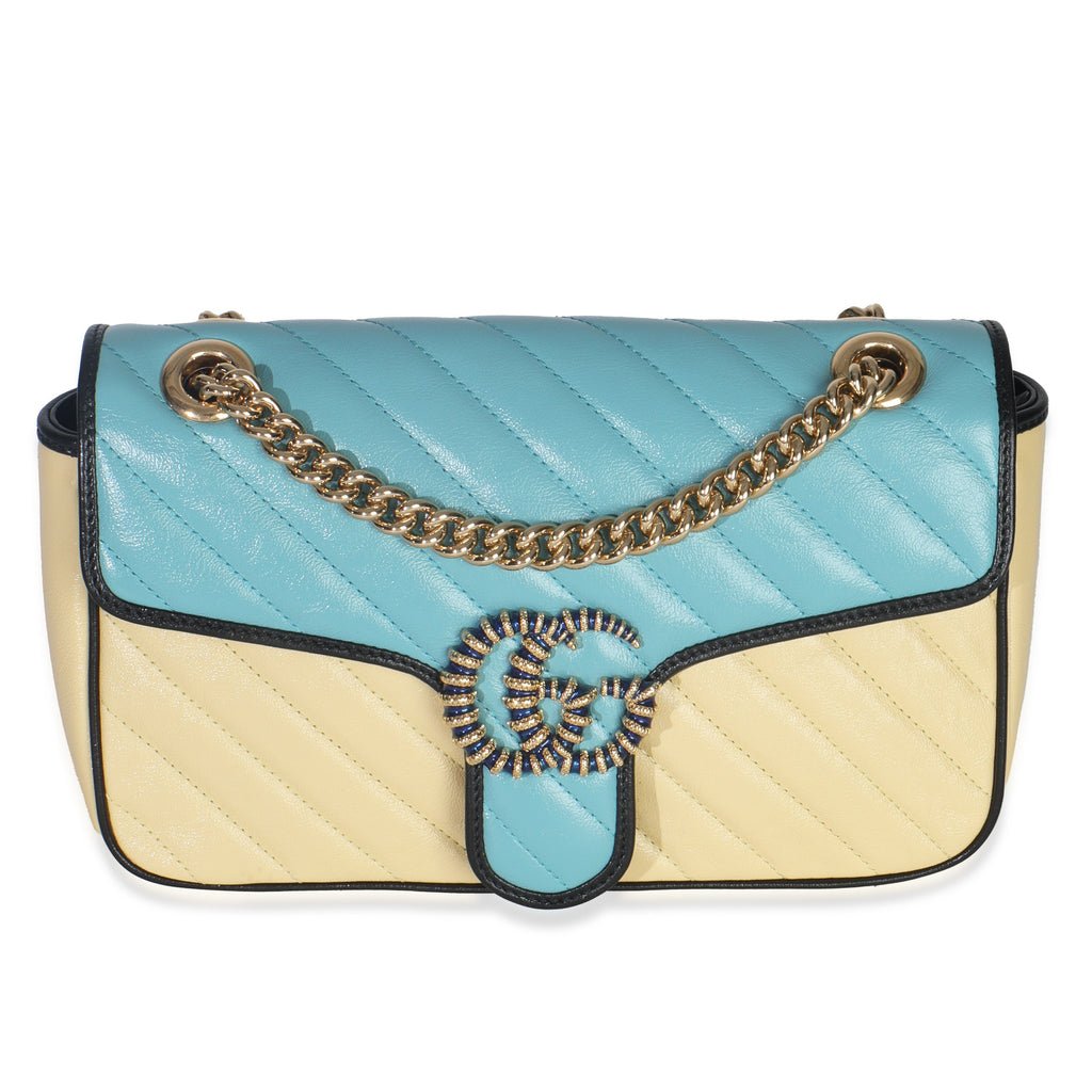 Blue Yellow Calfskin Matelasse Diagonal Torchon Small GG Marmont Bag