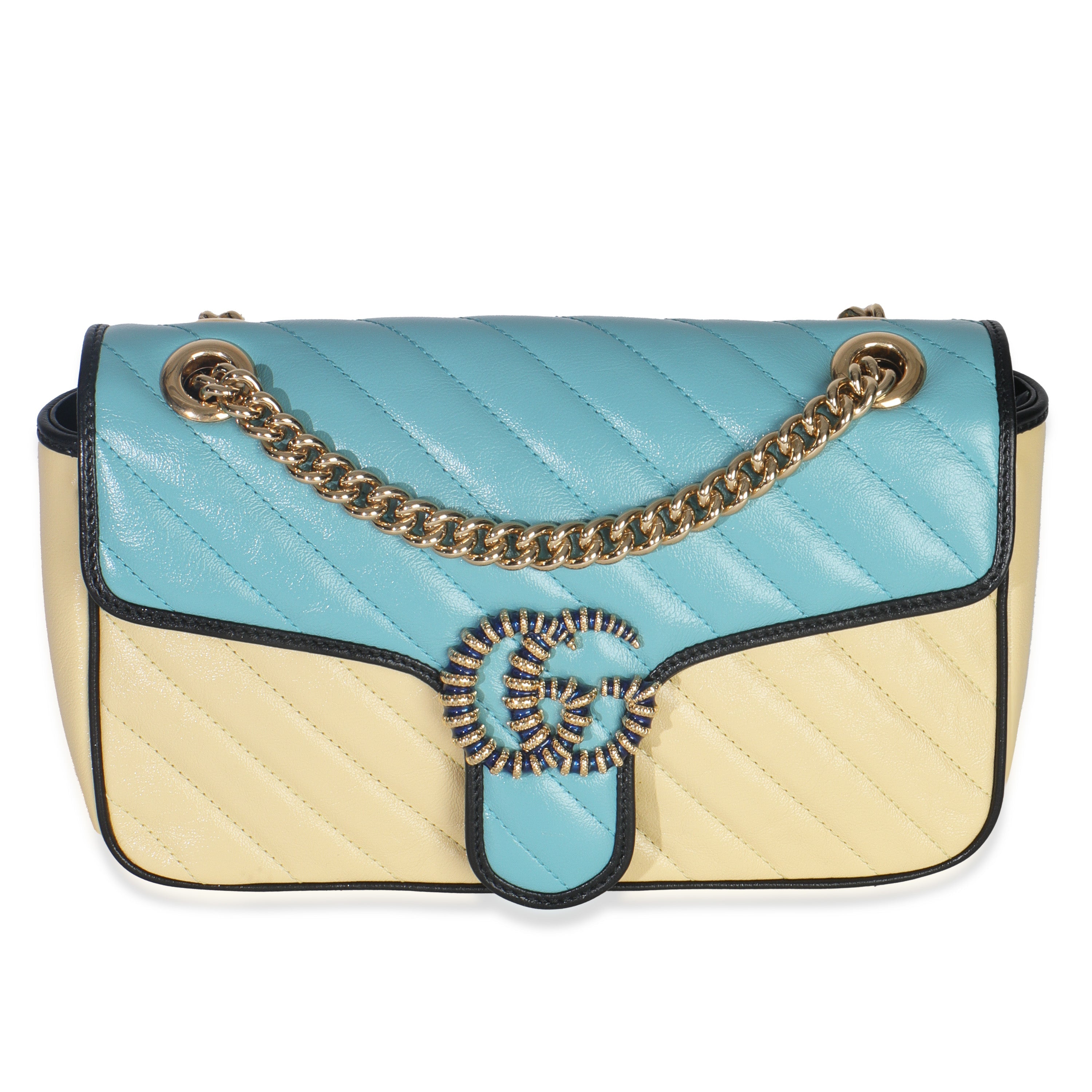 Blue Yellow Calfskin Matelasse Diagonal Torchon Small GG Marmont Bag