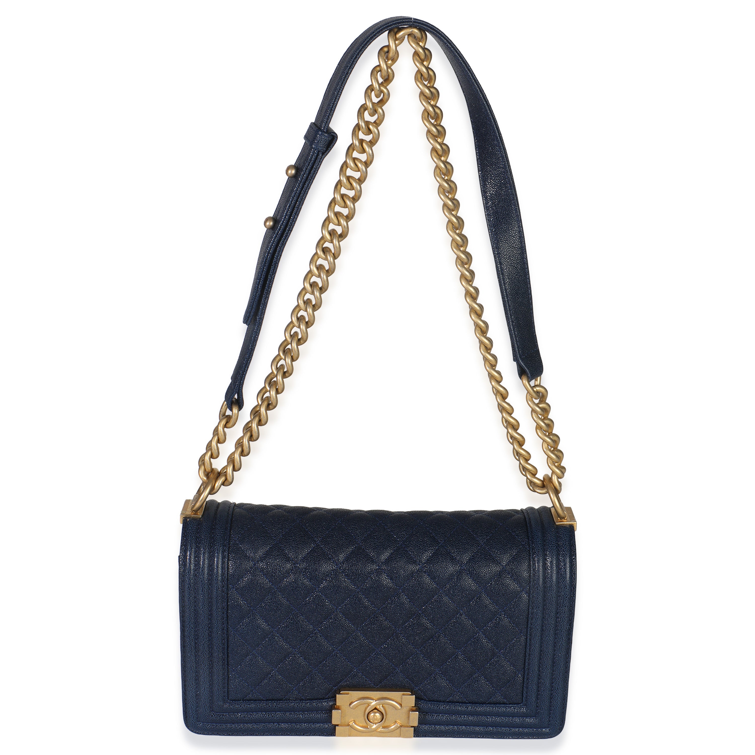 Navy Quilted Caviar Old Medium Boy Handbag